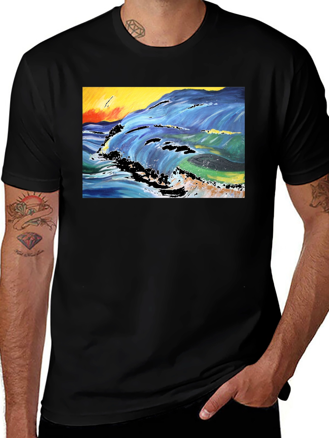 Ocean Wave Graphic Tee - Artistic Black T-Shirt