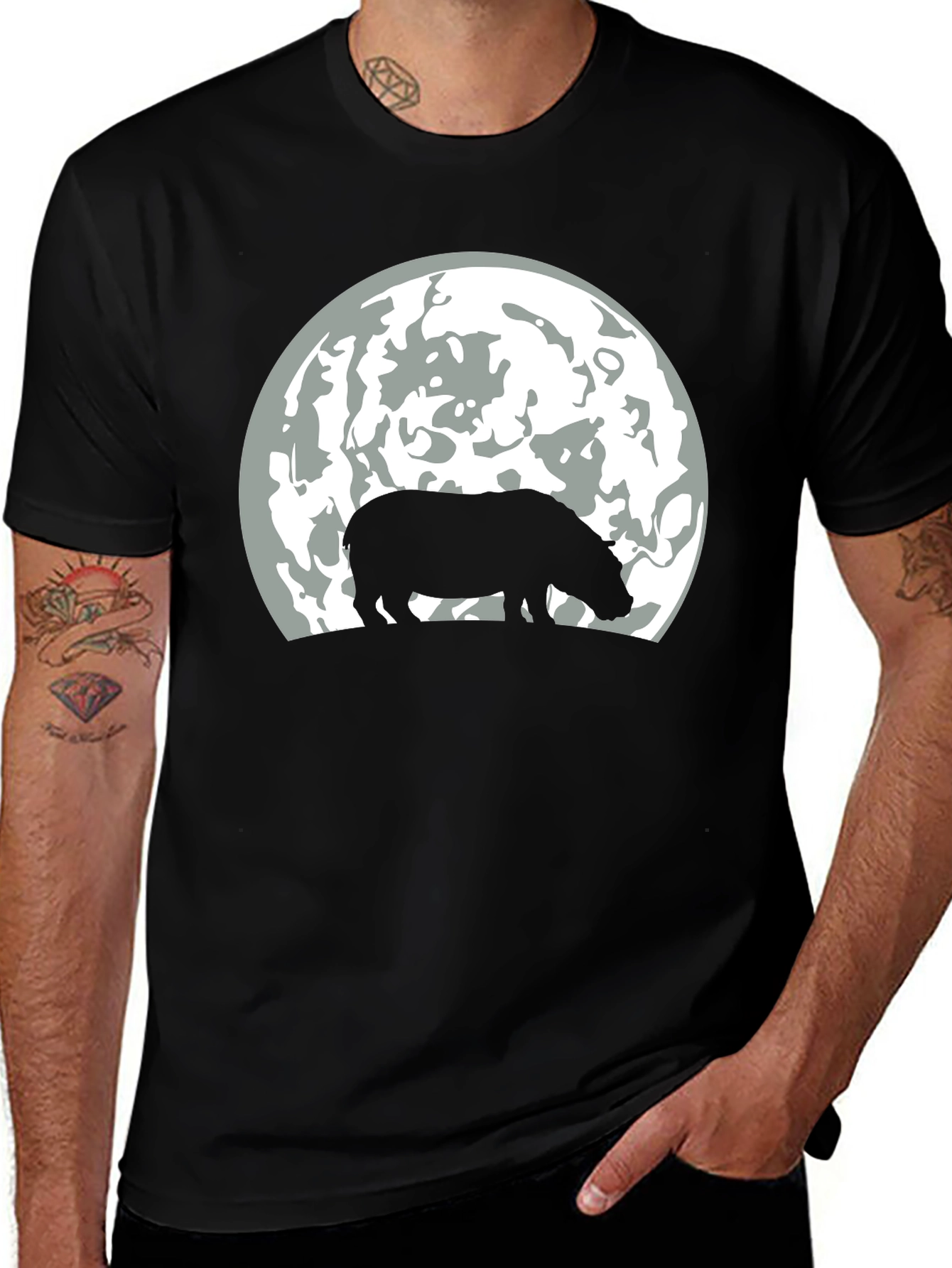 Variant 5 of Hippo Silhouette Moon Graphic T-Shirt - Black
