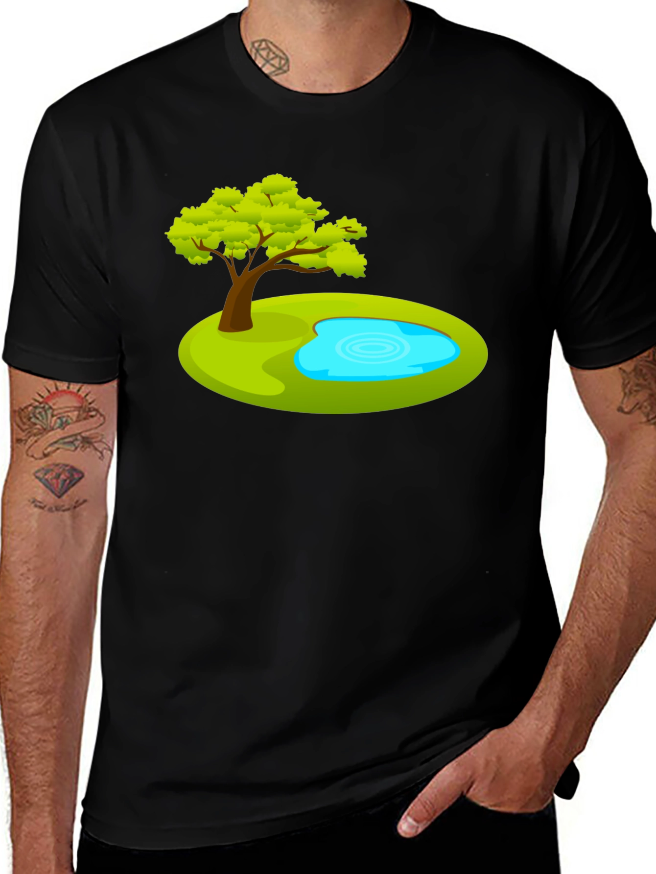 Variant 30 of Cartoon Tree & Pond Graphic Tee - Black