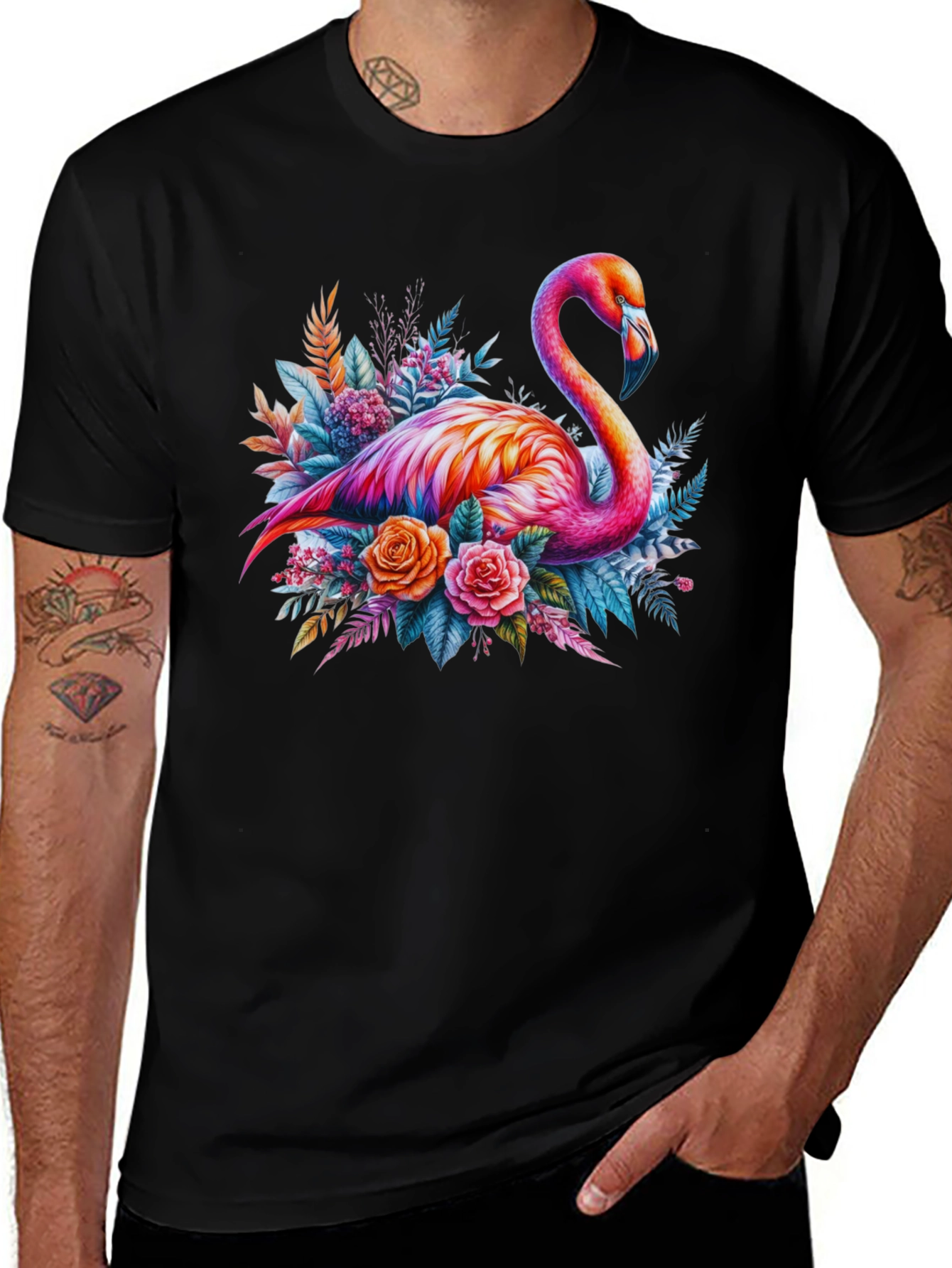 Flamingo Floral Graphic Tee - Black