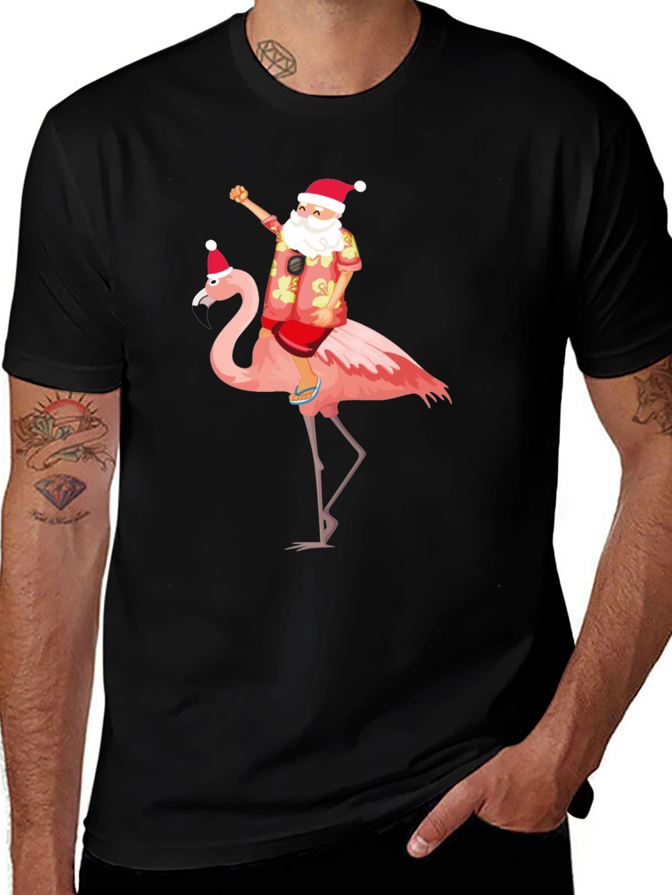 Santa Riding Flamingo Graphic T-Shirt