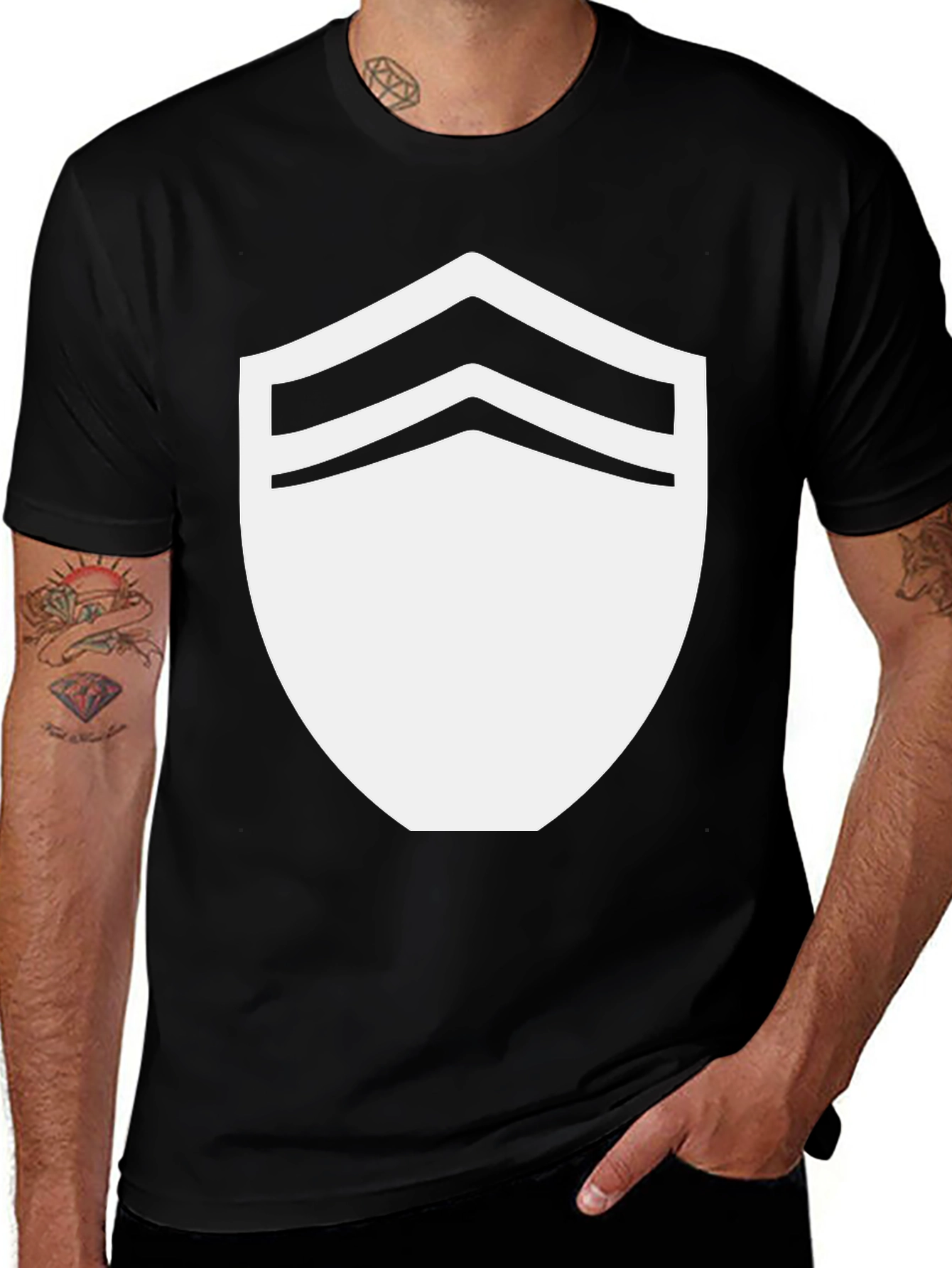 Variant 16 of Black T-Shirt with White Chevron Shield Graphic