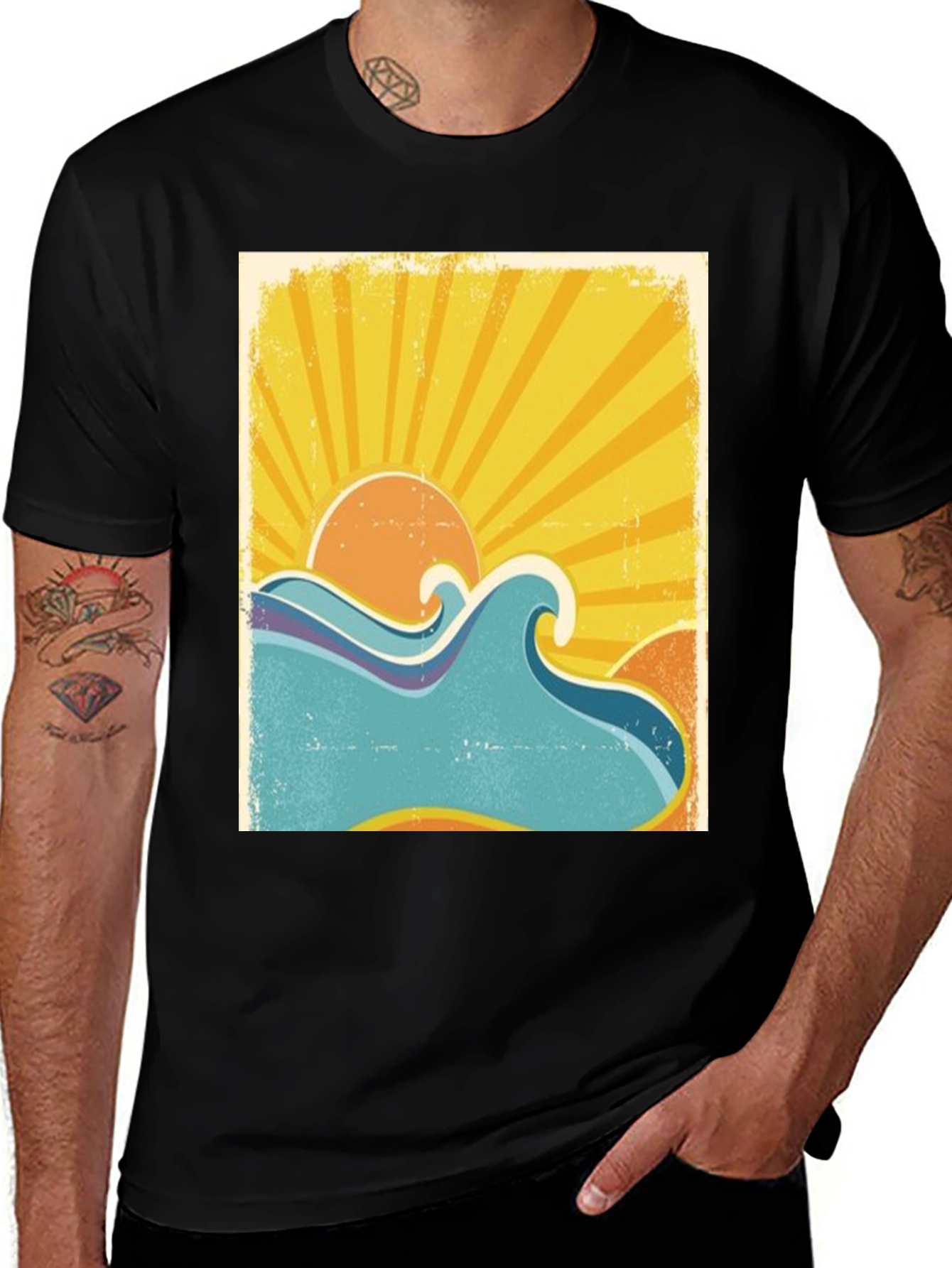 Variant 19 of Vintage Wave & Sun Graphic Tee - Black
