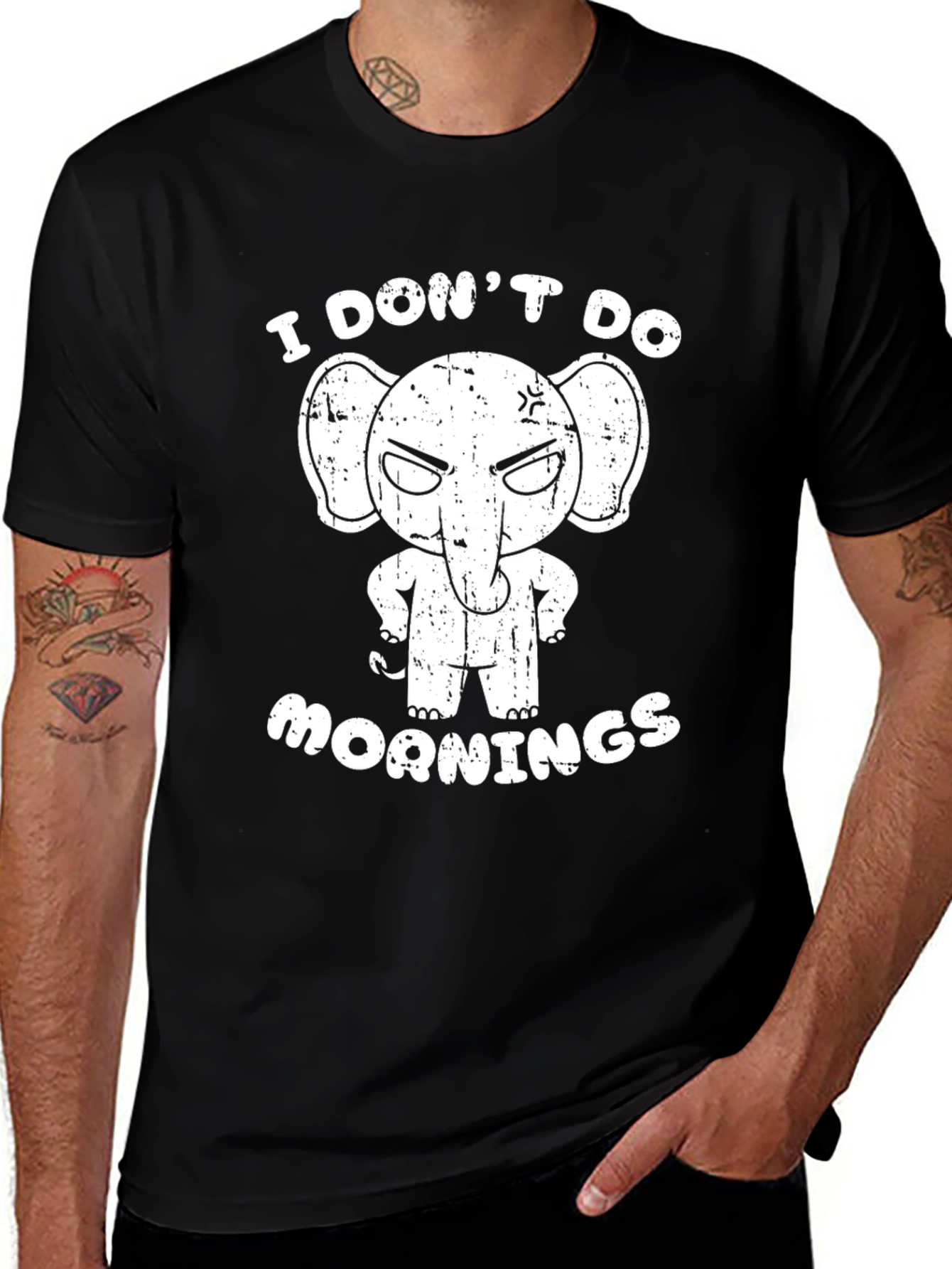 Variant 13 of Funny Elephant "I Don't Do Mornings" Black T-Shirt