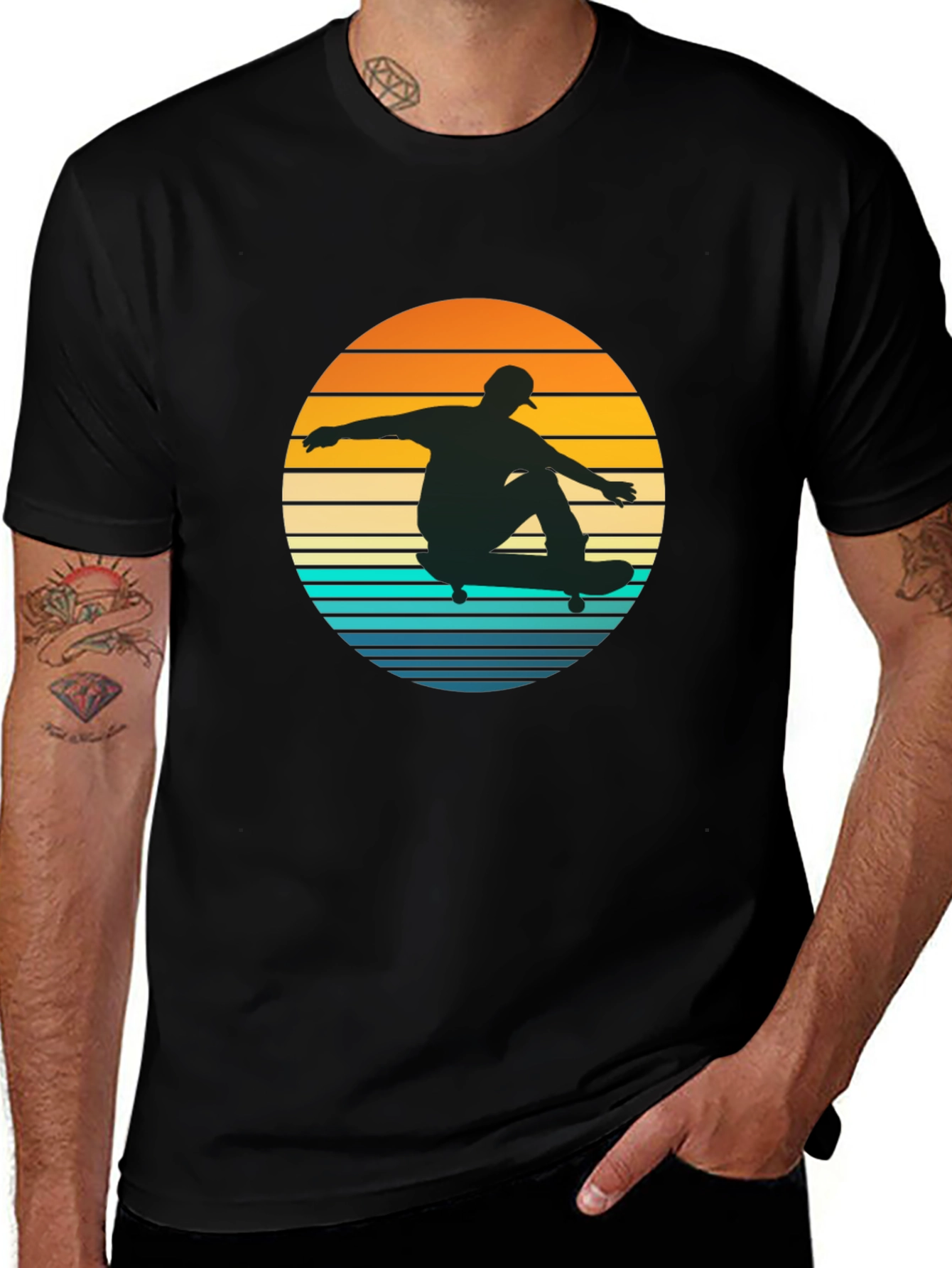 Variant 12 of Retro Skateboarder Sunset Graphic Tee - Black Cotton T-Shirt