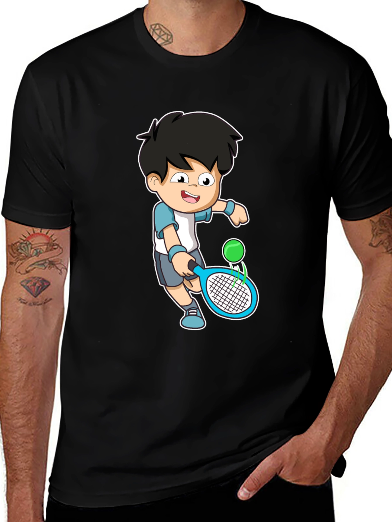 Cartoon Tennis Player Graphic Tee - Black Cotton Shirt