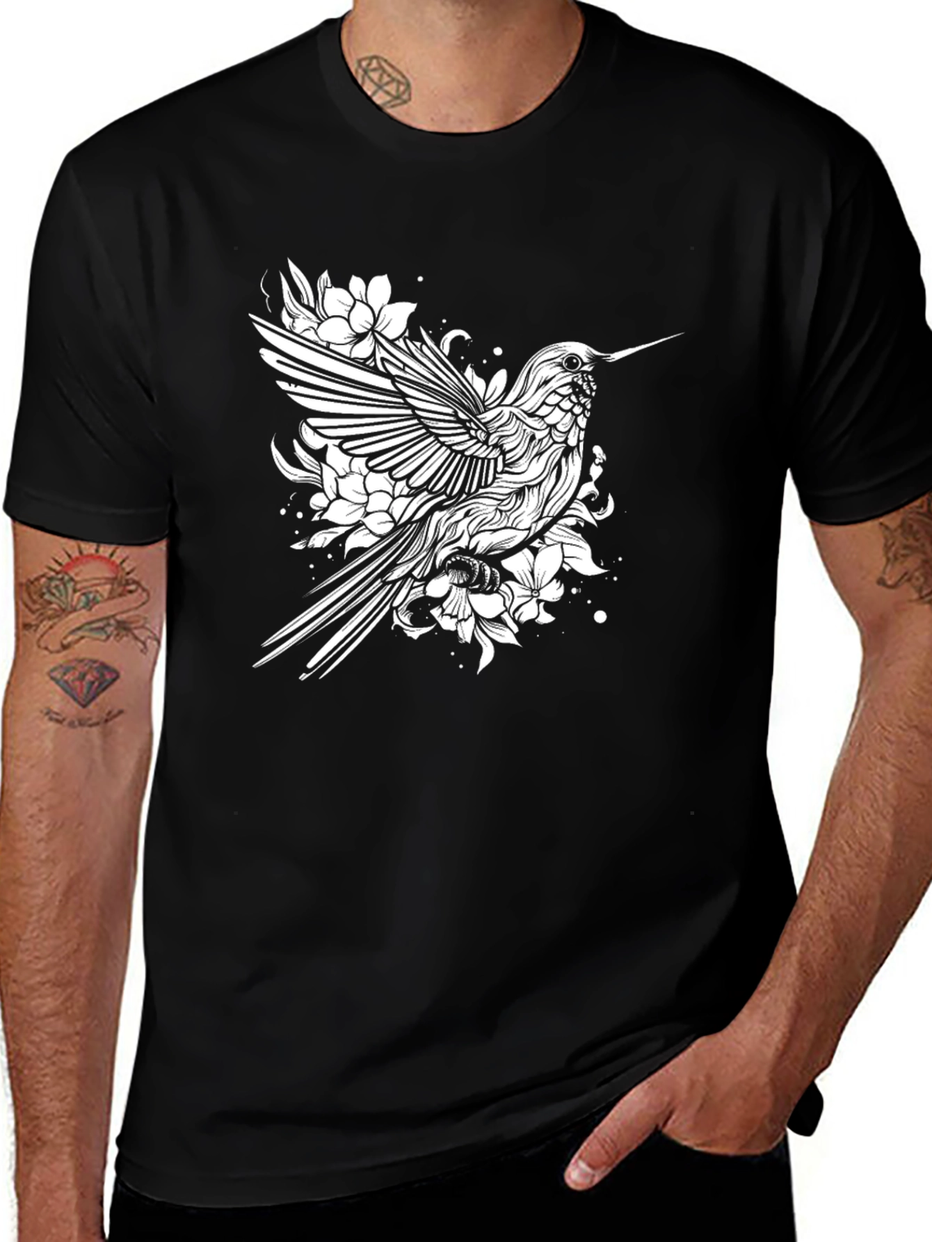 Variant 18 of Hummingbird Floral Graphic Tee - Black Cotton Blend