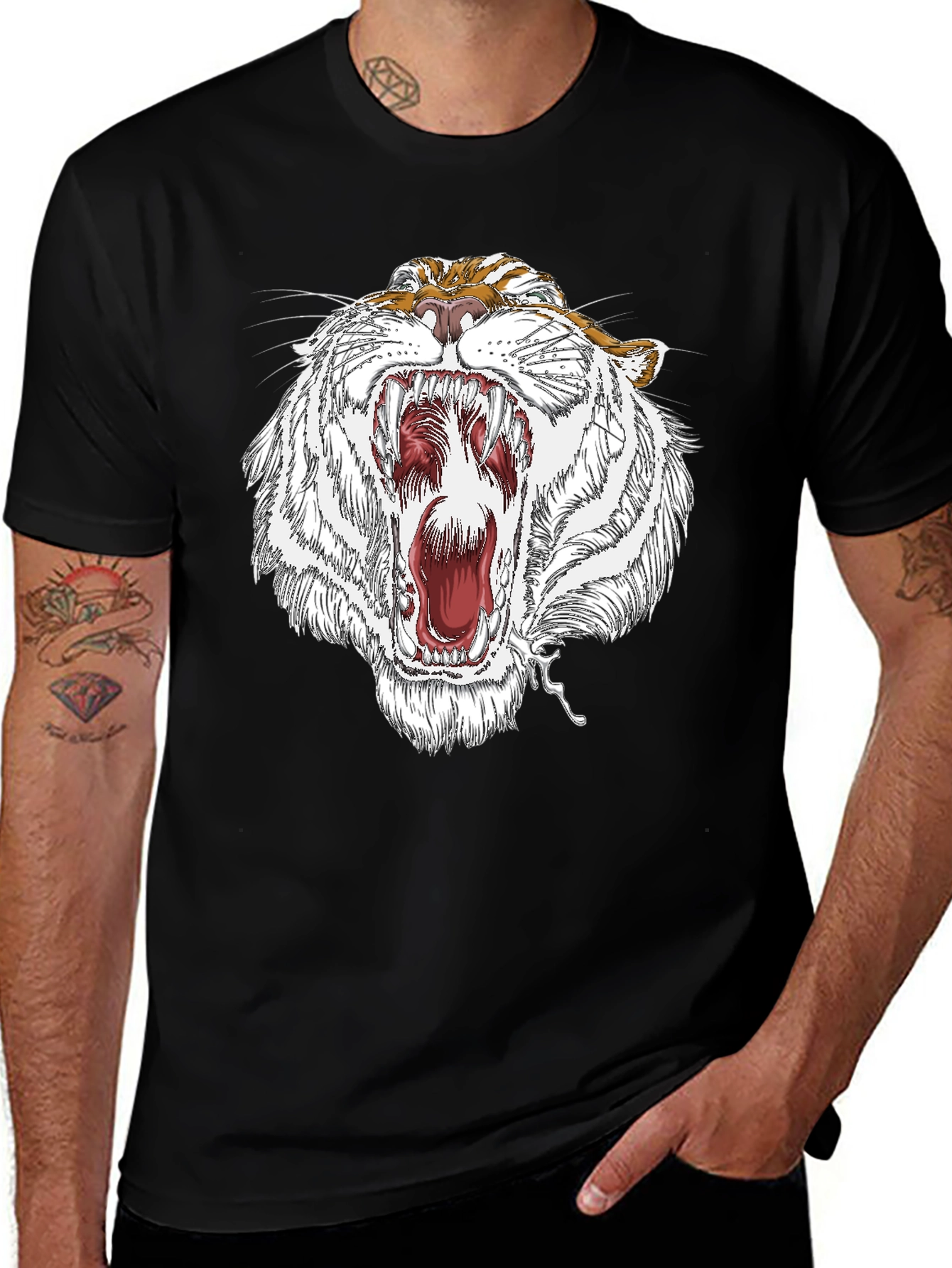 Variant 13 of Roaring White Tiger Graphic Print Black T-Shirt