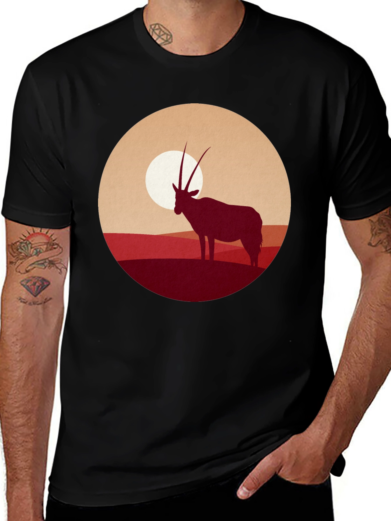 Variant 16 of Silhouette Oryx Sunset Graphic Tee - Black Cotton Blend