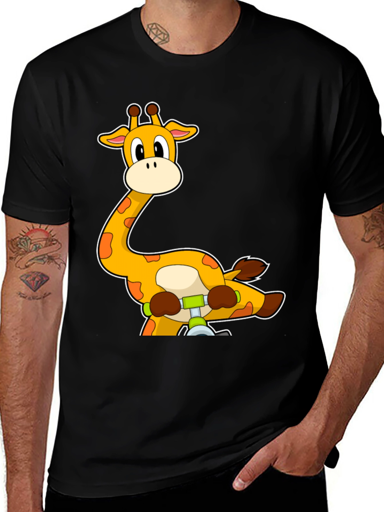 Variant 14 of Giraffe Scooter Graphic Tee - Black Cotton T-Shirt