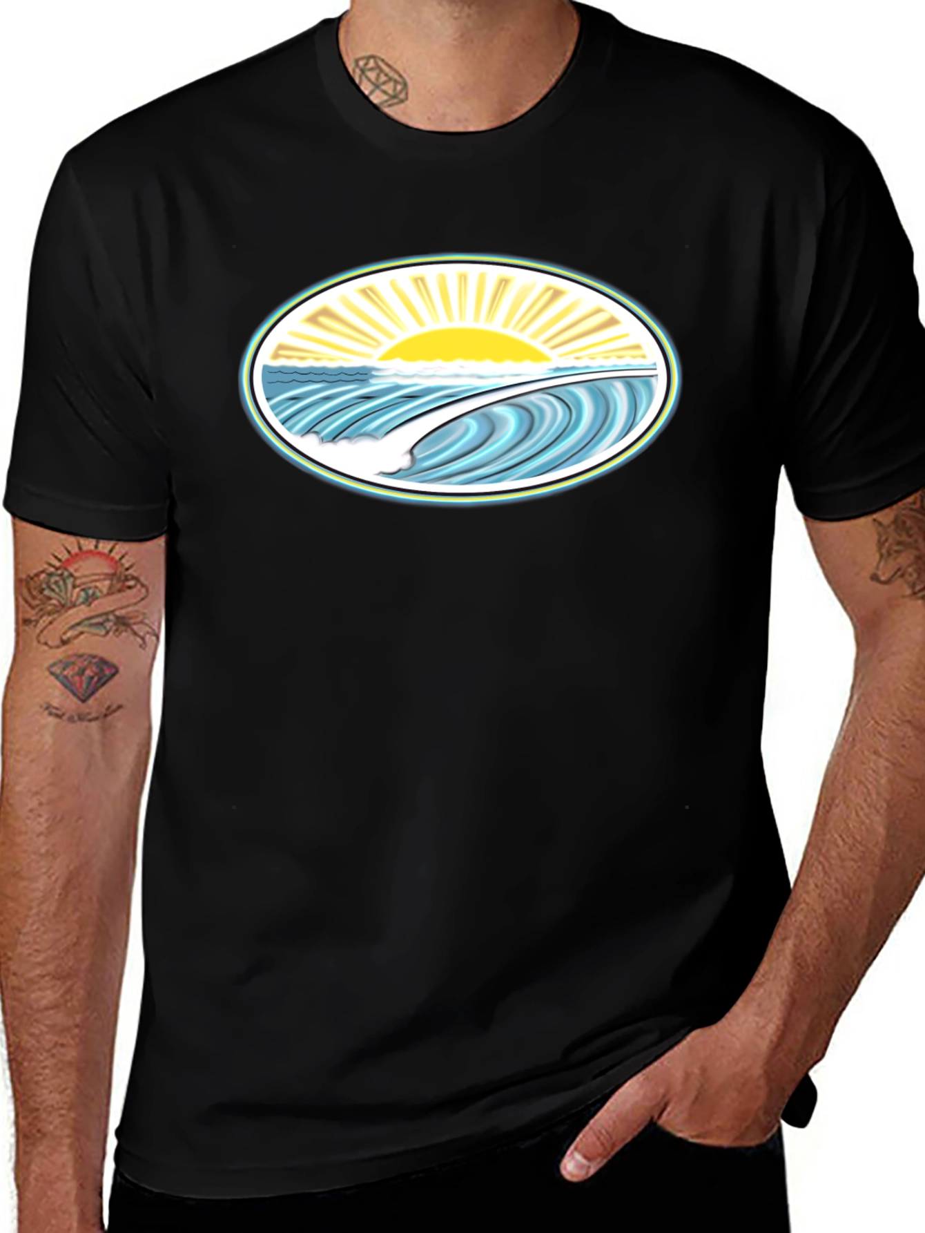 Variant 9 of Ocean Wave Graphic Tee - Black Cotton Comfort