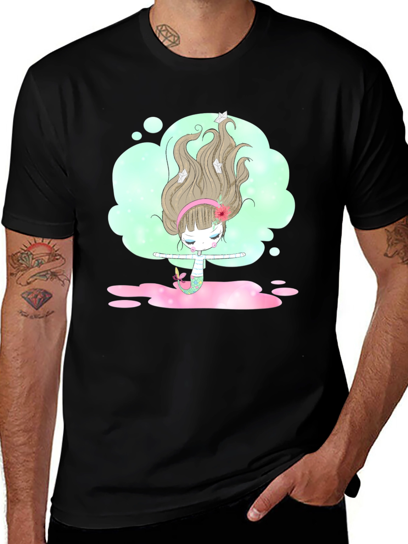 Variant 5 of Cute Mermaid Girl's Graphic T-Shirt - Black