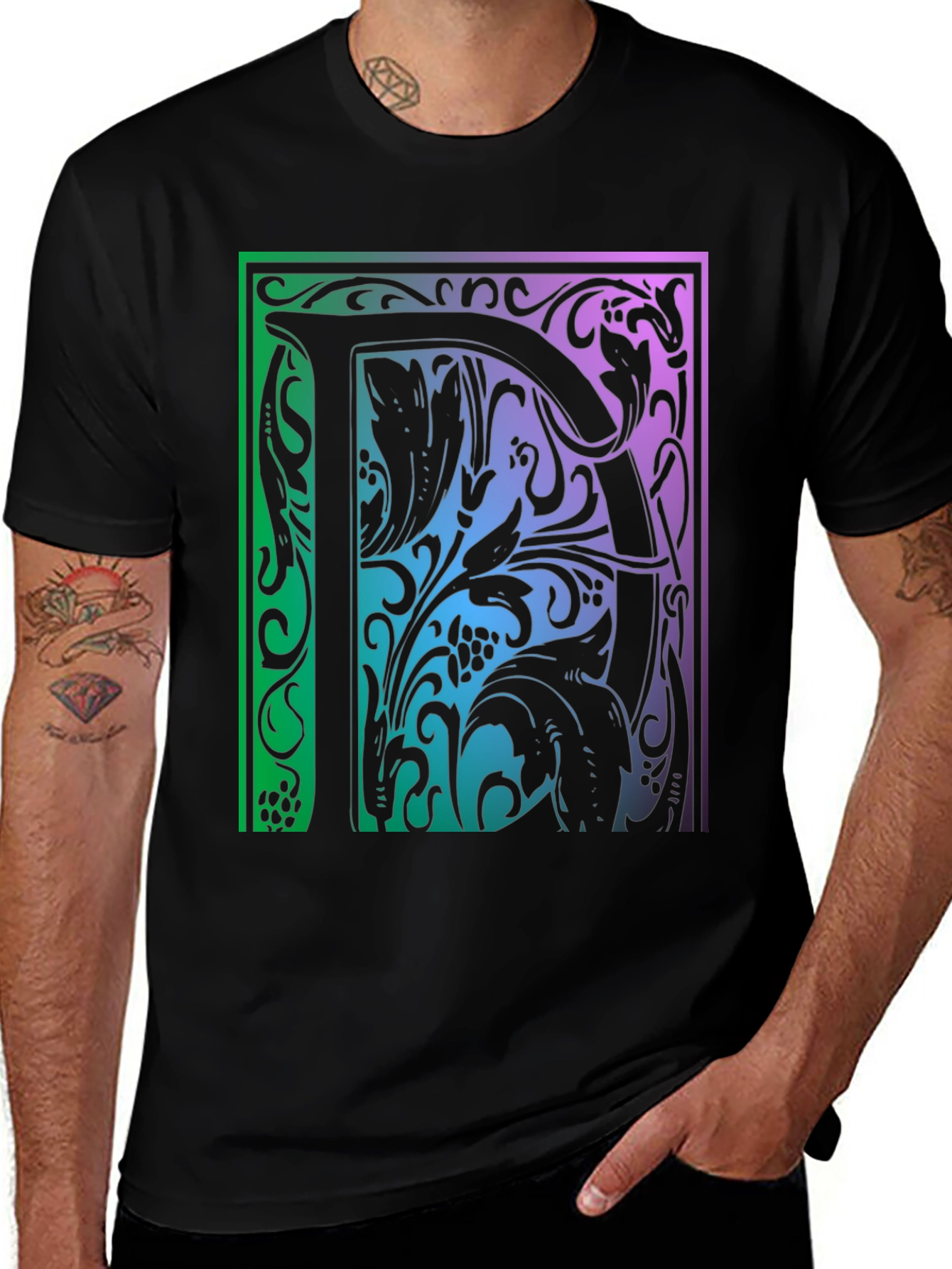 Illuminated Letter T Shirt - Elegant Vintage Design