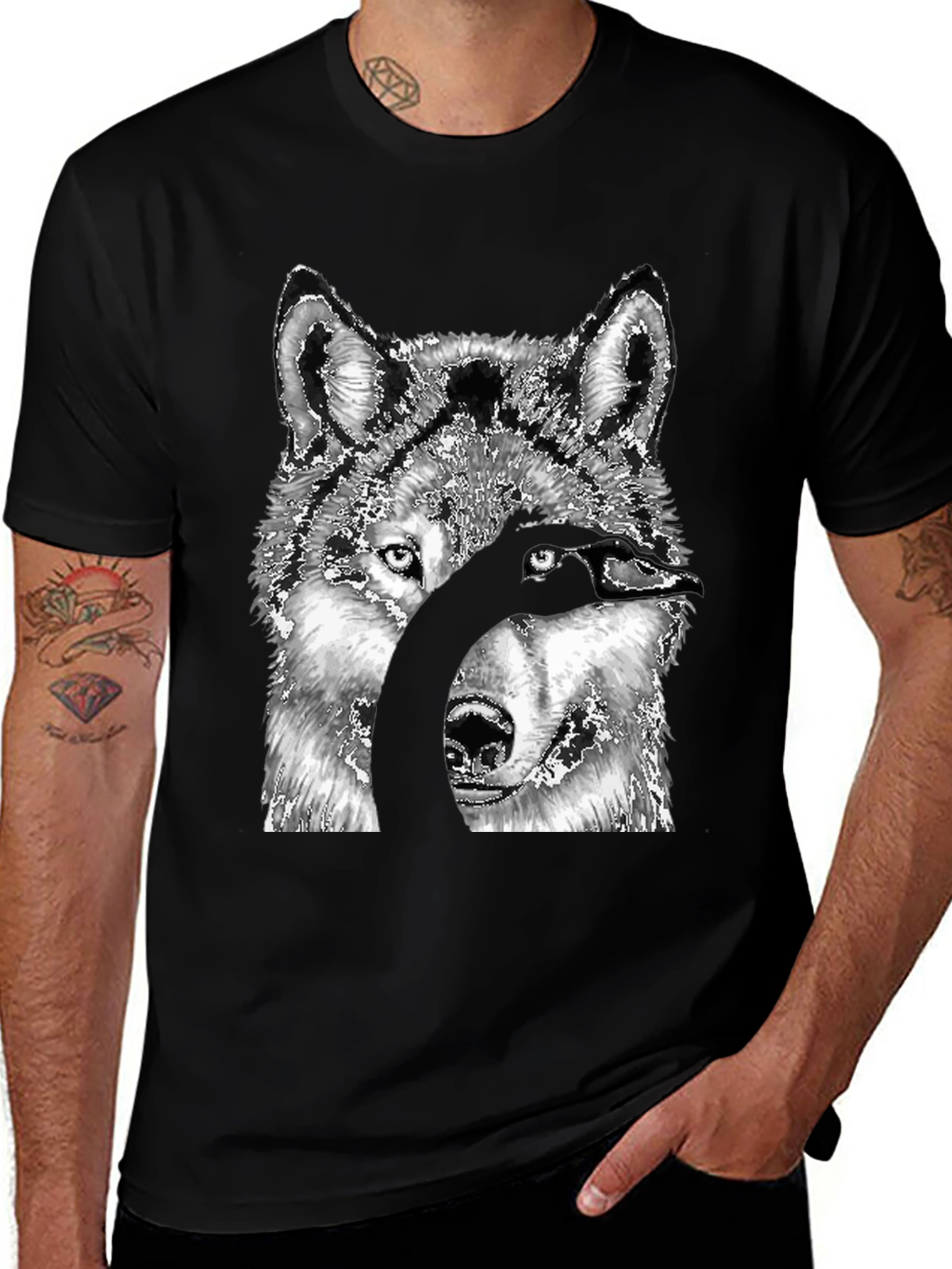Variant 9 of Wolf and Raven Graphic T-Shirt - Unisex Black Tee