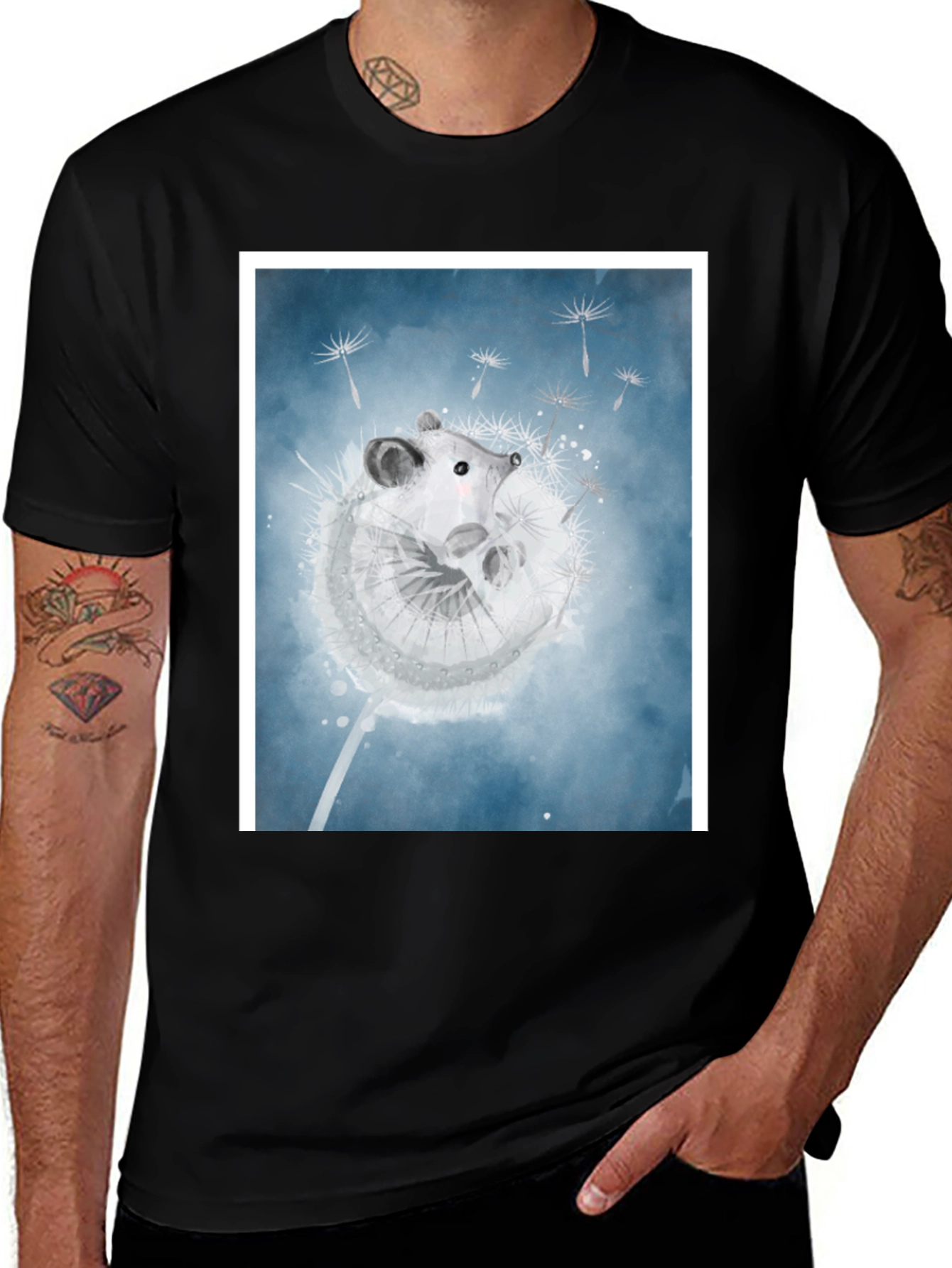Variant 14 of Mouse Dandelion Print Black T-Shirt