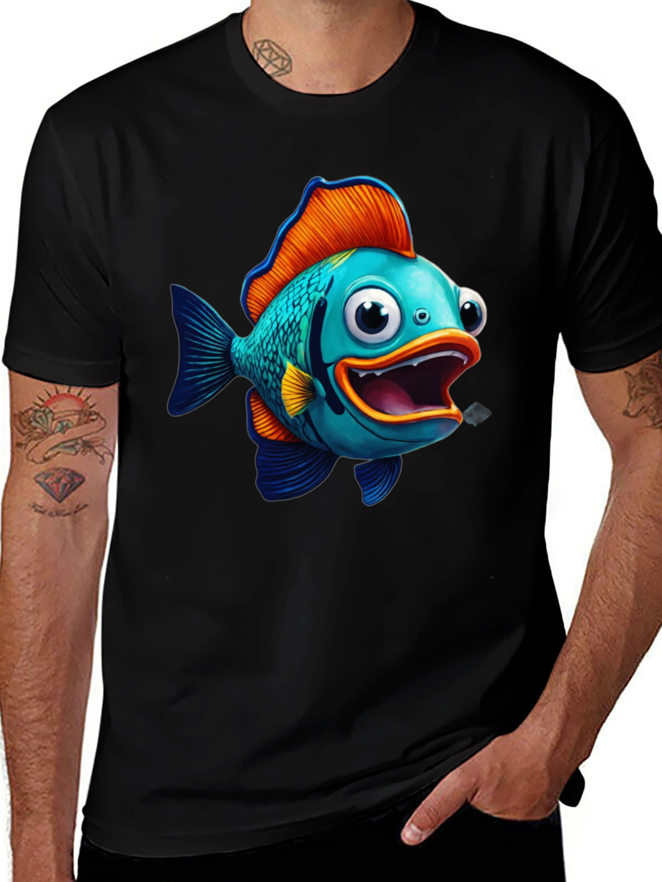 Variant 16 of Cartoon Fish Graphic Tee - Black Cotton Blend
