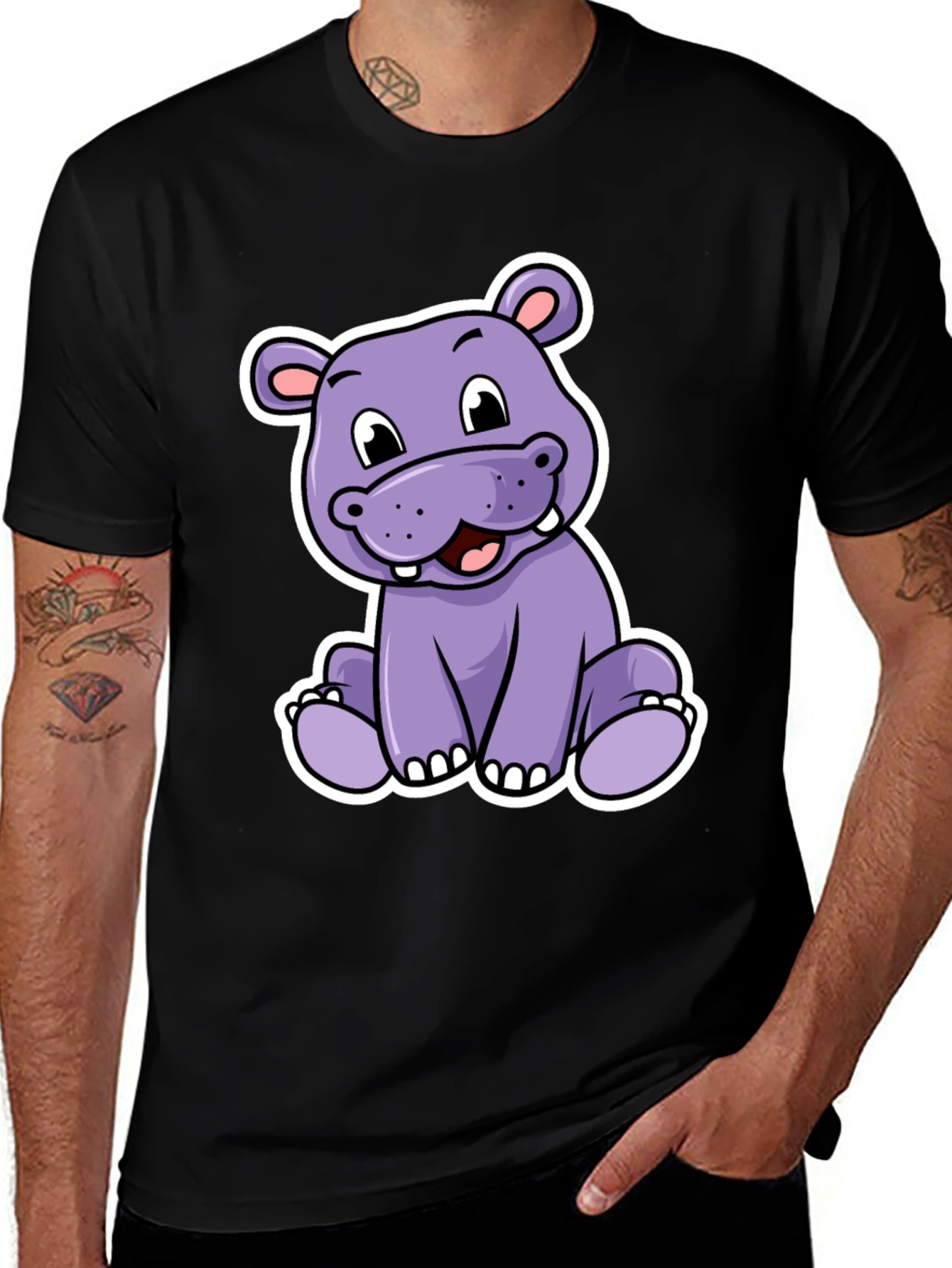 Variant 10 of Cute Hippo Graphic Tee - Black Cotton T-Shirt