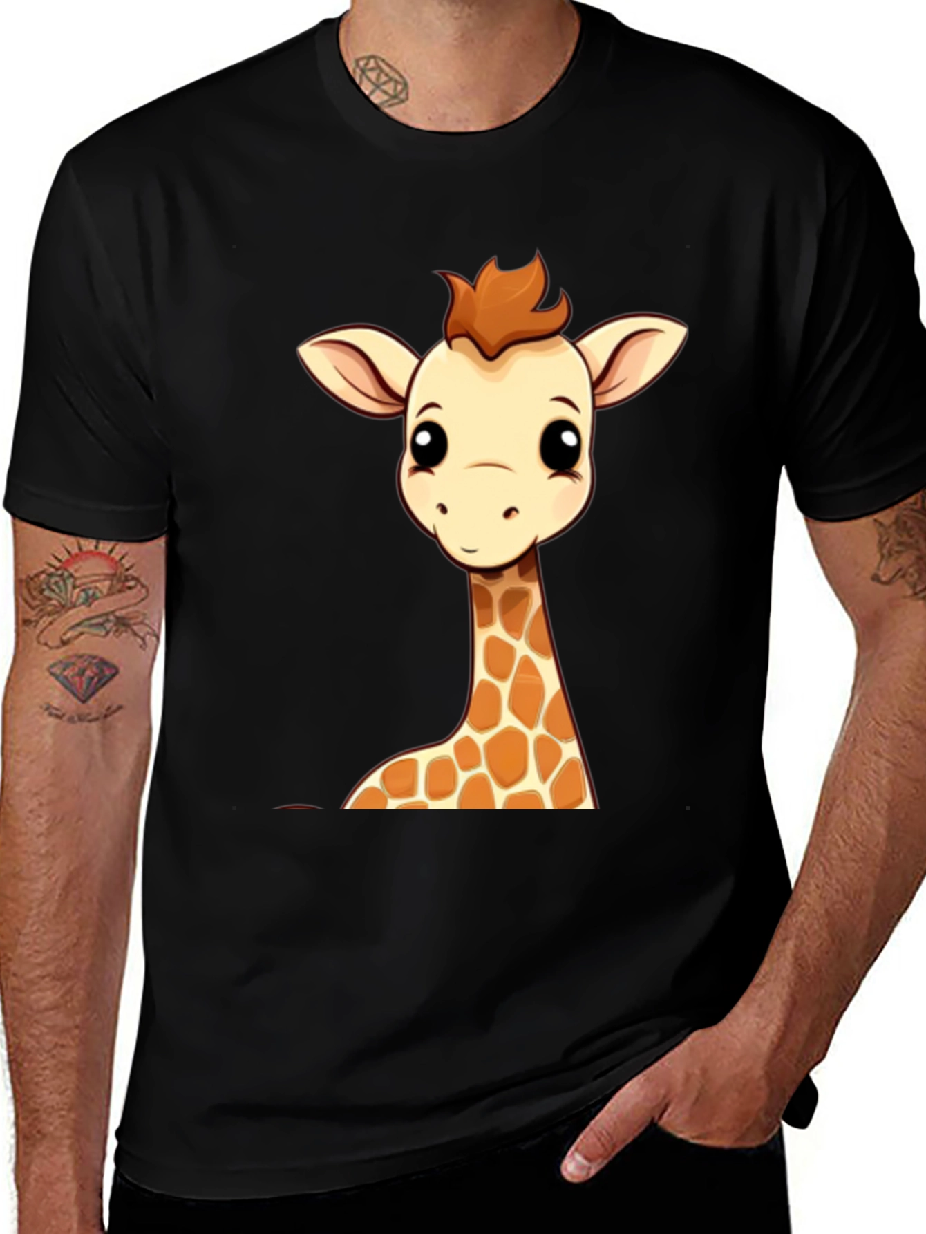 Variant 15 of Giraffe Cartoon Graphic Print Black Tee