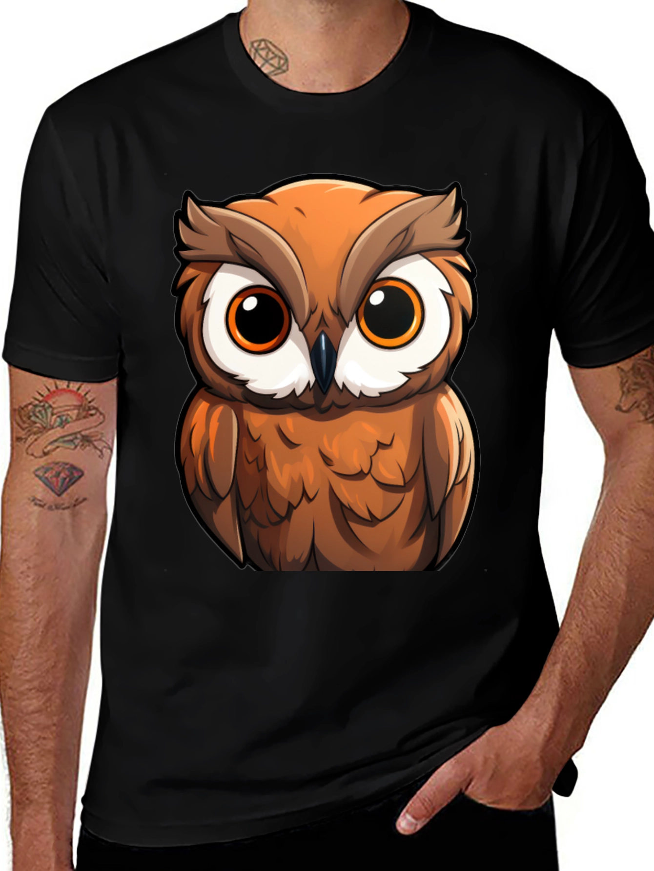Variant 21 of Owl Cartoon Graphic Black T-Shirt