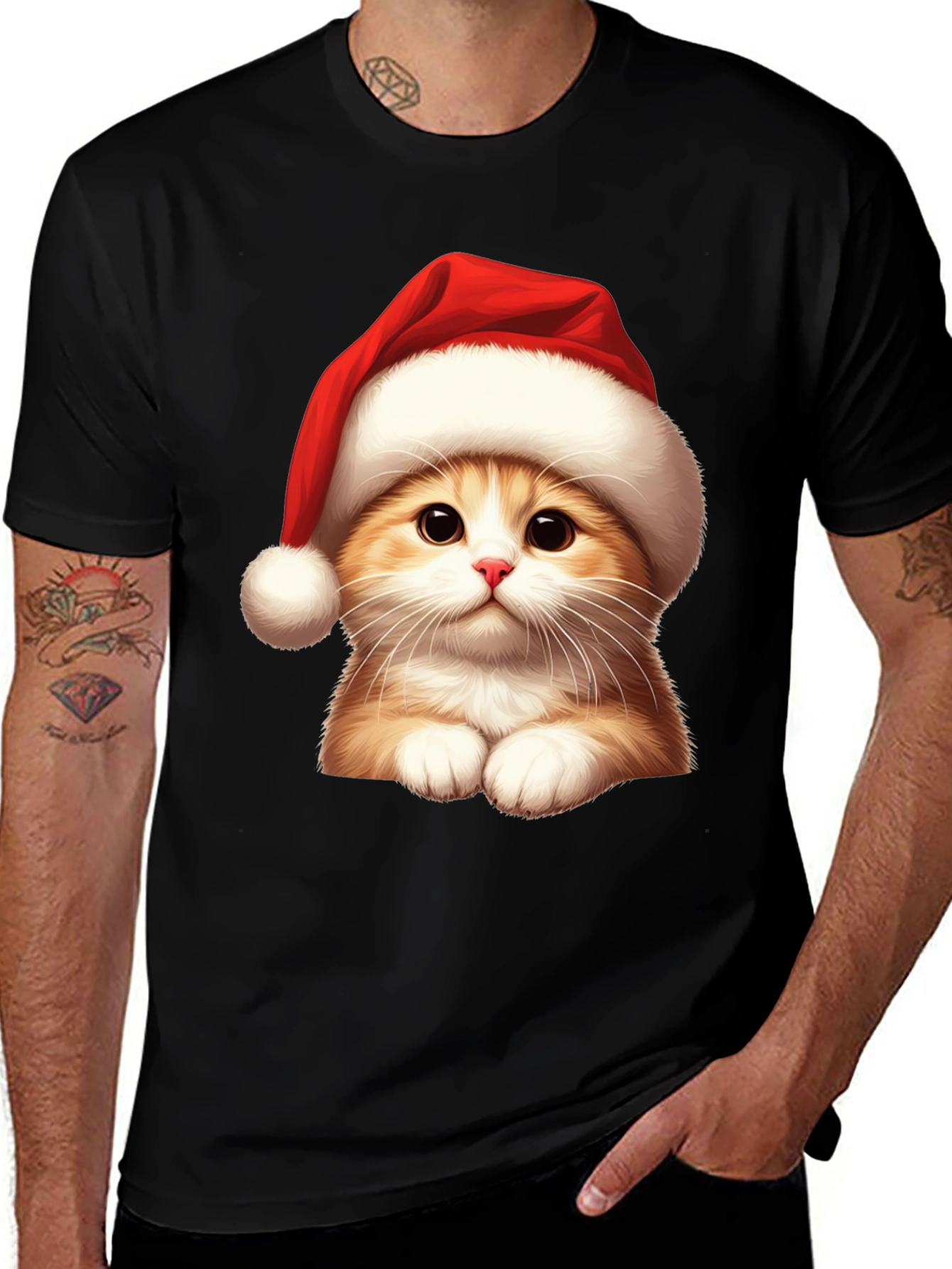 Festive Cat Tee - Santa Hat Holiday Shirt