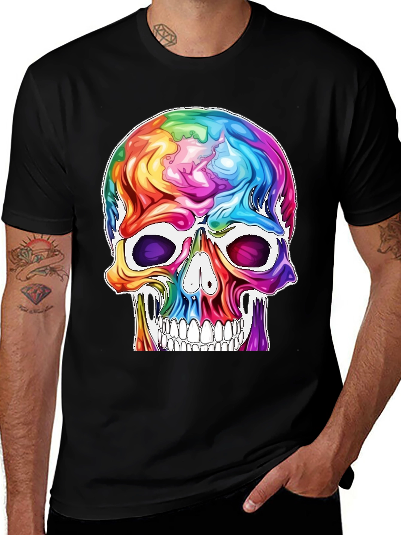 Variant 24 of Colorful Skull Graphic Tee - Black Cotton T-Shirt