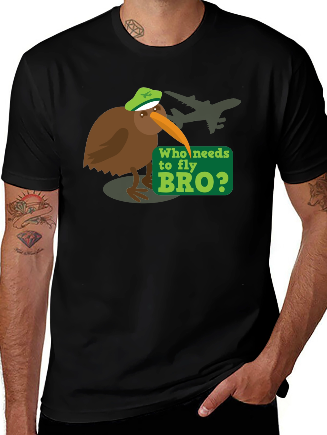 Variant 6 of Kiwi Pilot T-Shirt: Who Needs to Fly Bro? Funny Tee
