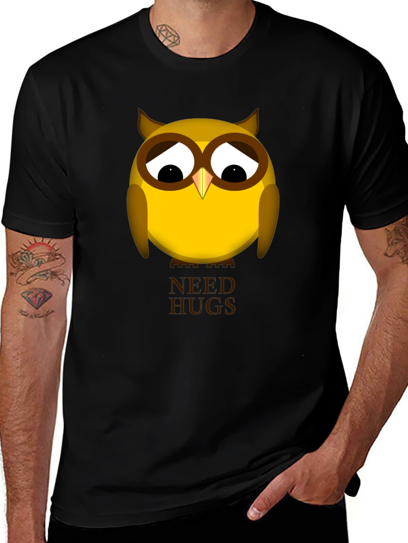 Black Sad Owl Needs Hugs Graphic T-Shirt - Unisex Black Tee main image