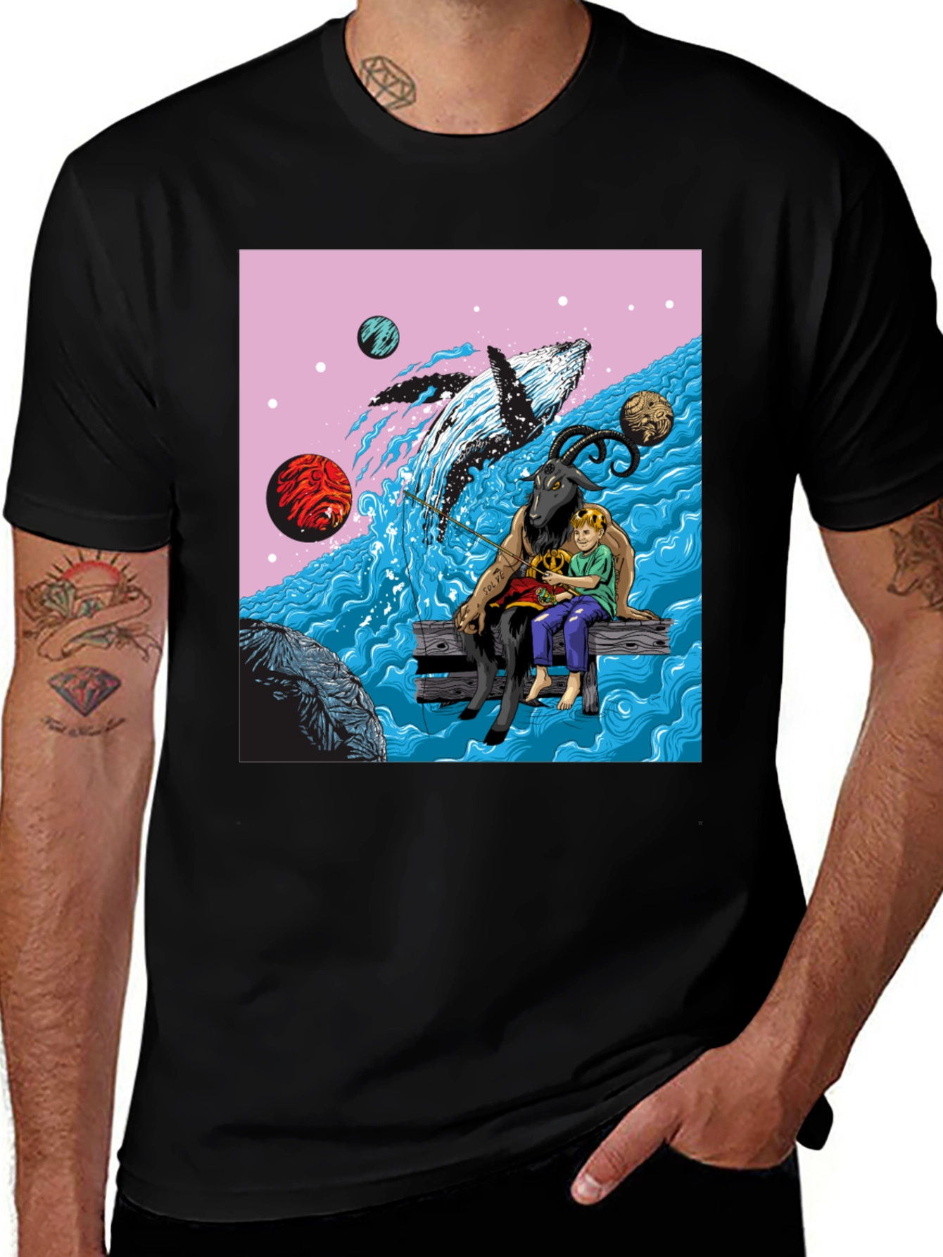 Variant 12 of Whimsical Goat, Boy, and Whale Graphic Tee