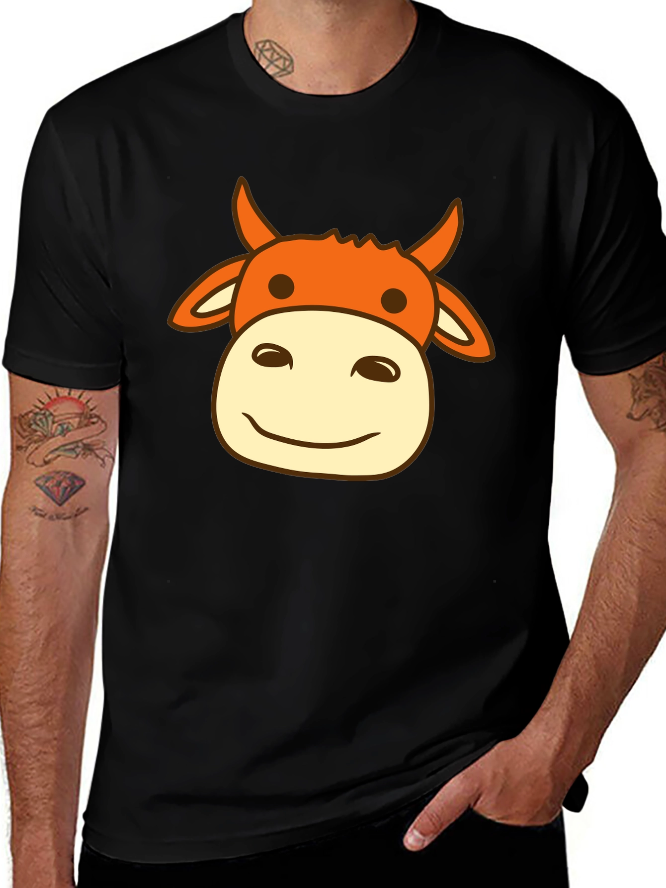 Black Cow Face Graphic Print Men's Black T-Shirt main image