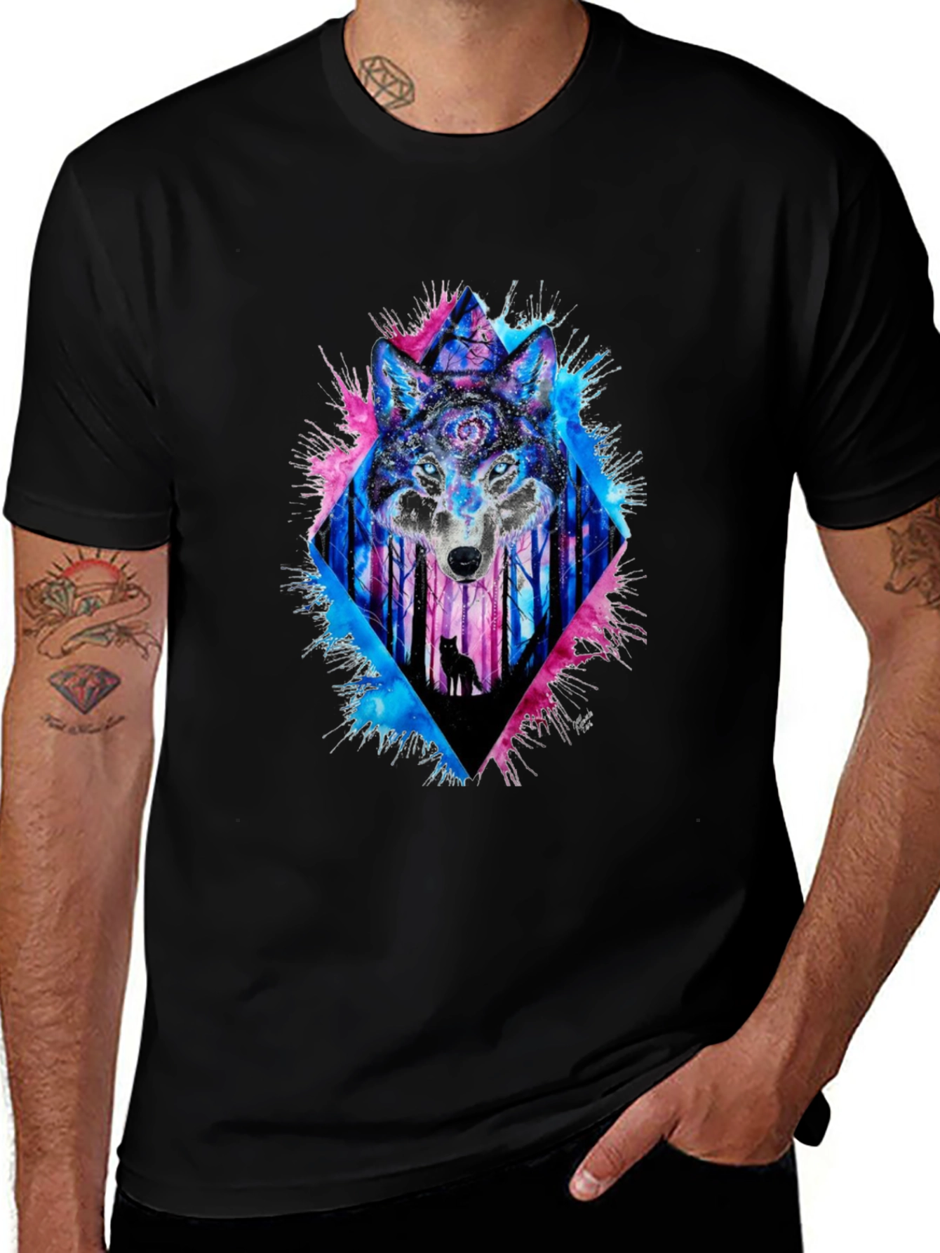 Variant 26 of Mystic Wolf Graphic Tee - Men's Black T-Shirt