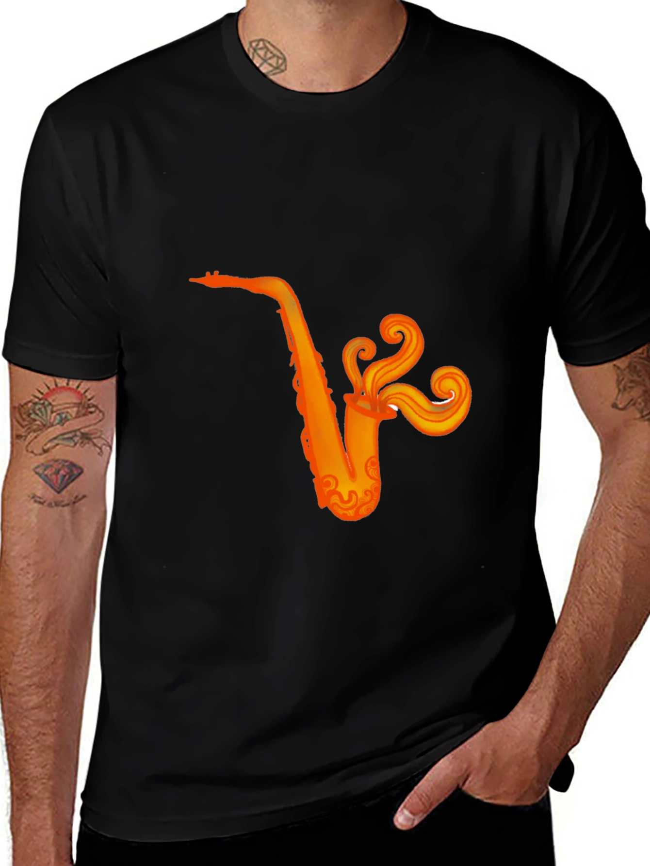 Variant 14 of Black T-Shirt with Orange Saxophone Graphic