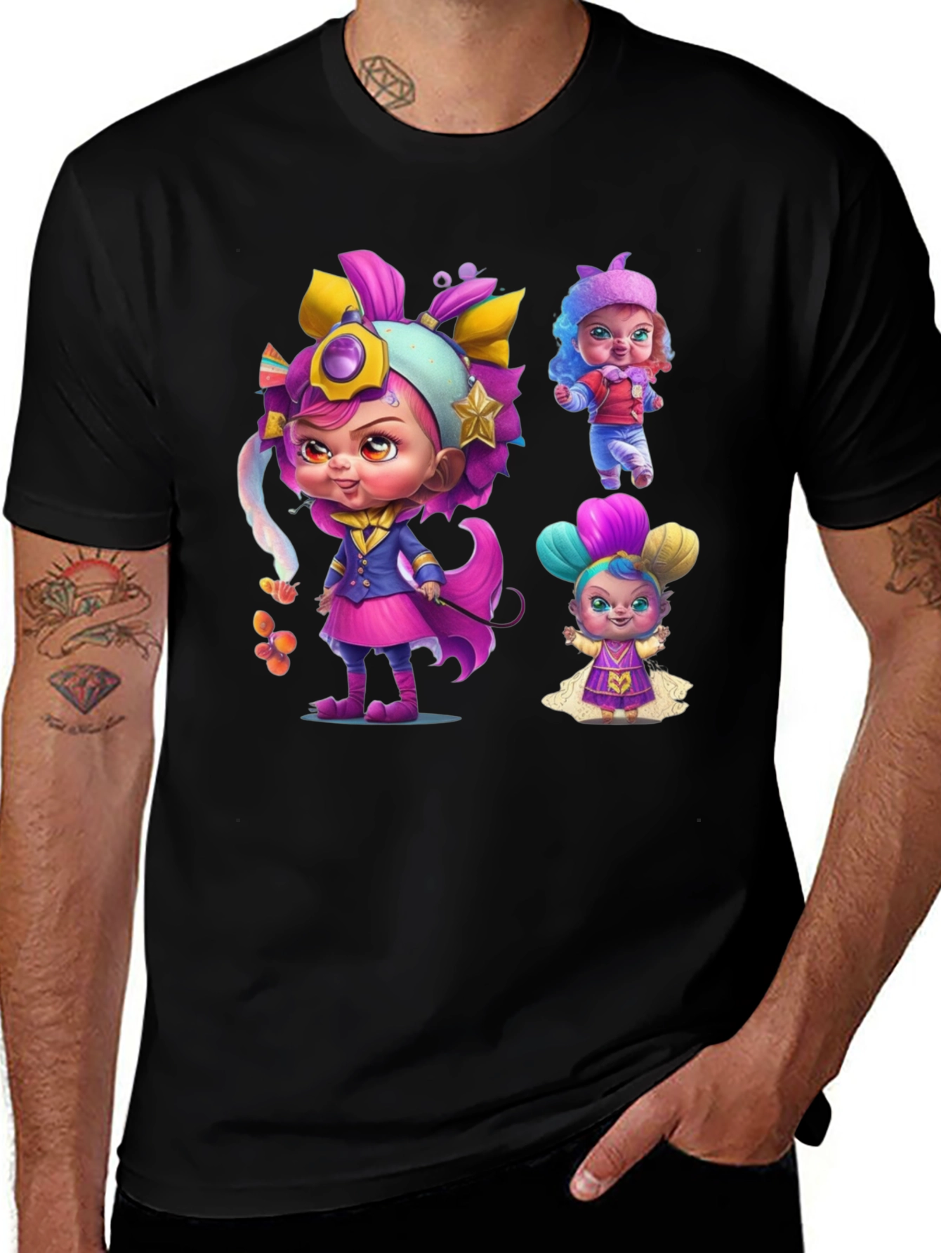 Variant 4 of Cartoon Character Print Black T-Shirt