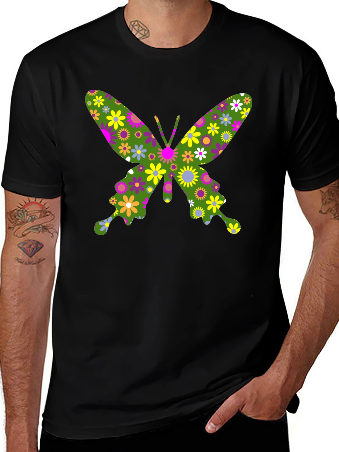 Floral Butterfly Graphic T-Shirt - Black Cotton Tee