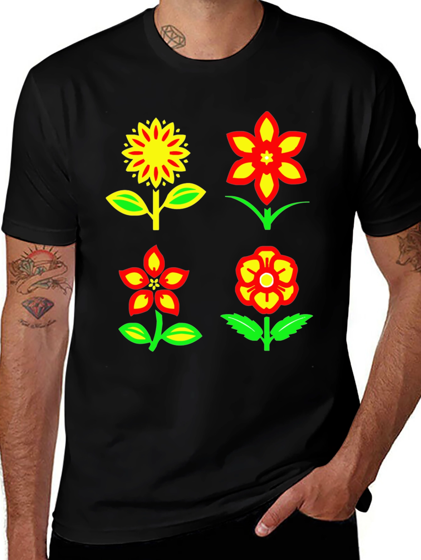 Floral Print T-Shirt: Red & Yellow Flower Design
