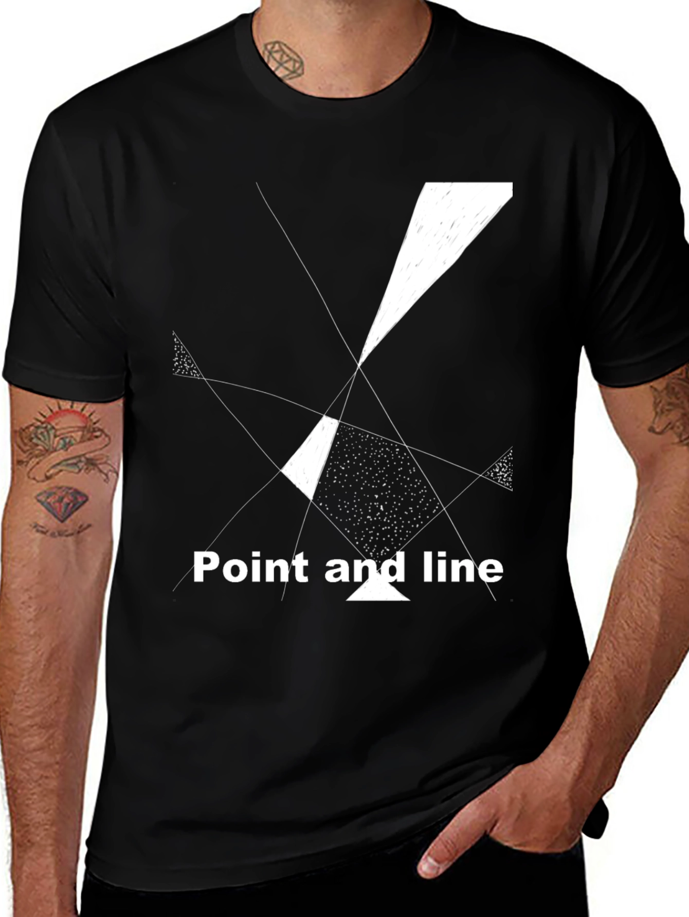 Variant 4 of Abstract Geometric Tee: "Point and Line" Black T-Shirt
