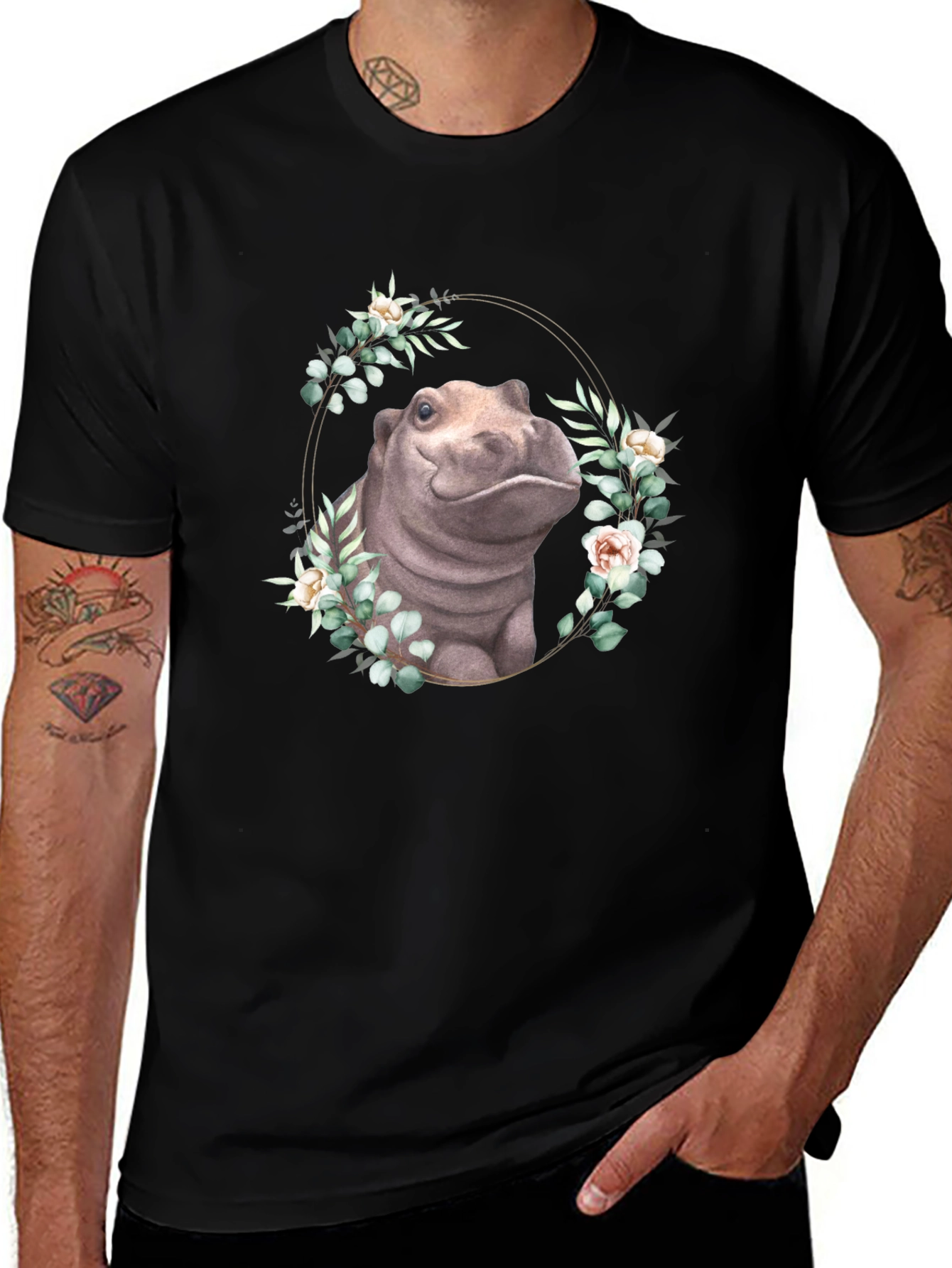 Variant 24 of Hippo Floral Wreath T-Shirt - Unique Animal Design
