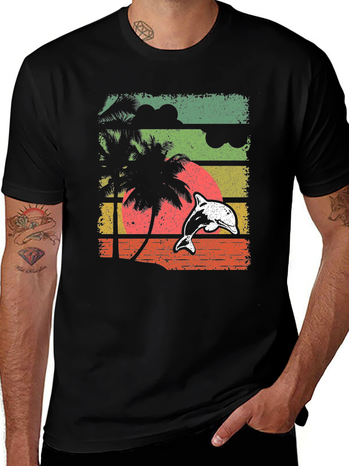 Variant 29 of Retro Dolphin Sunset T-Shirt - Beach Vibes