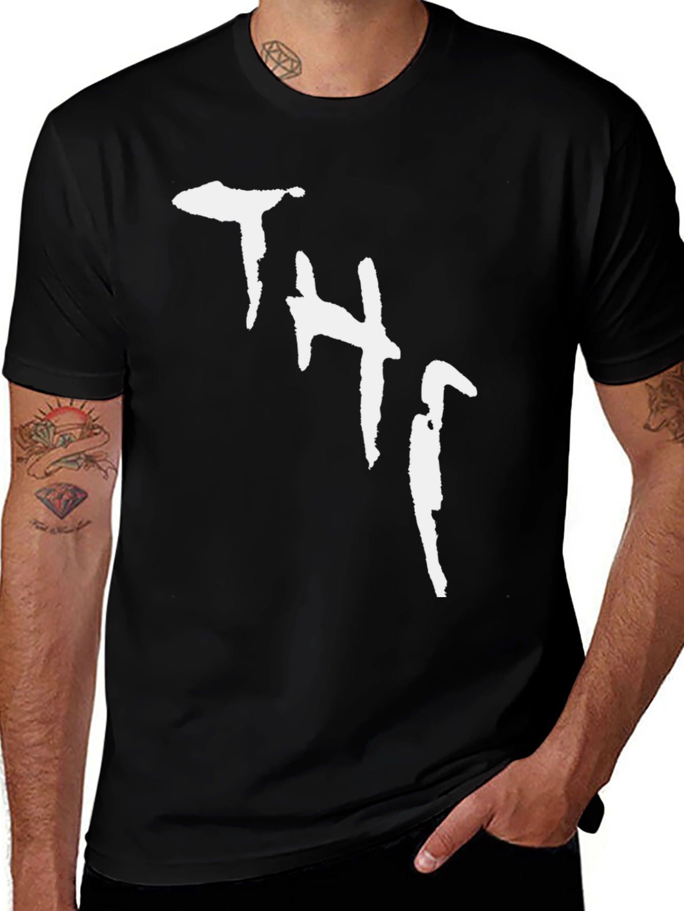 Variant 28 of Black Tee with White Abstract "THJ" Print