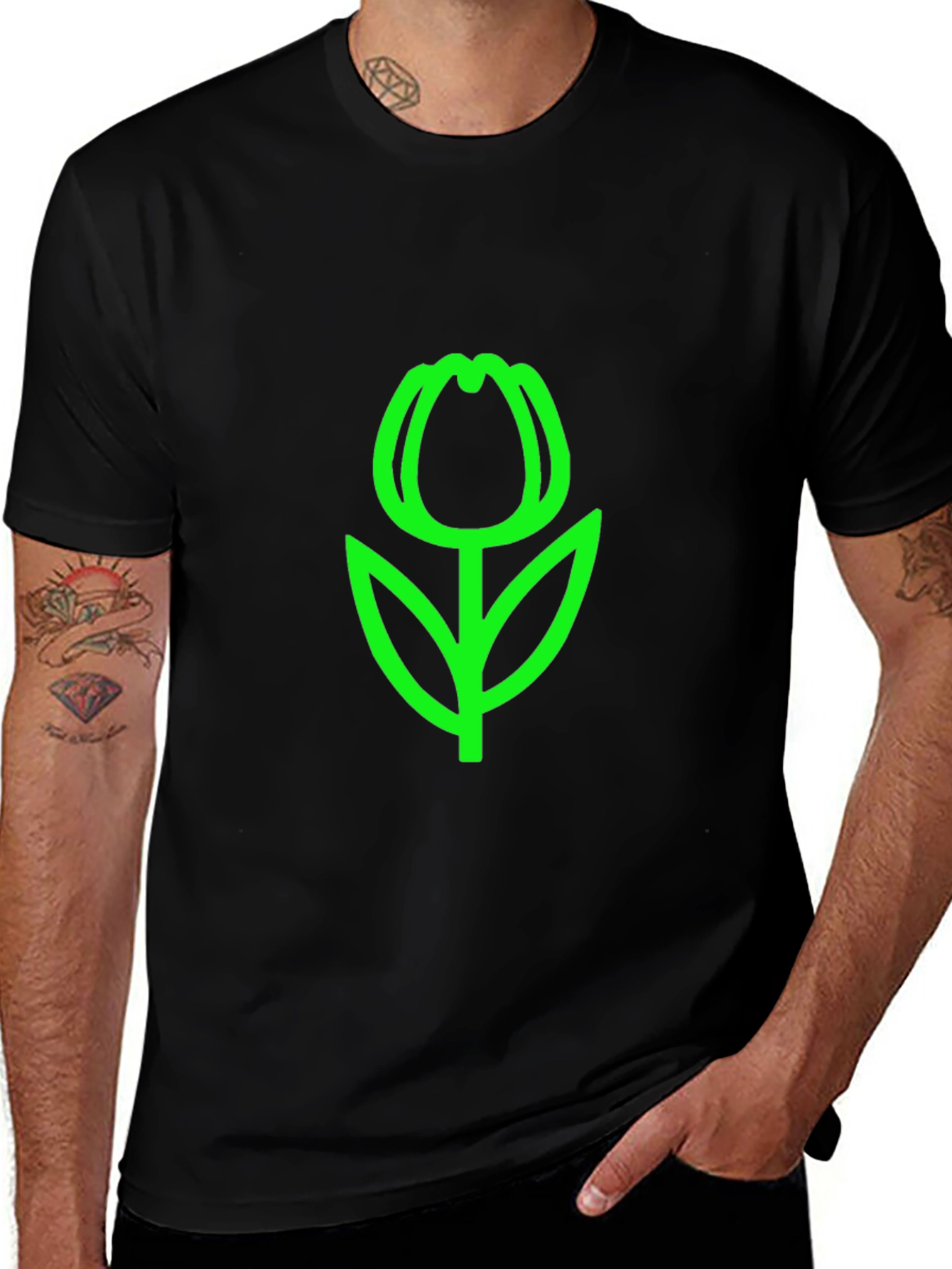 Variant 16 of Black T-Shirt with Green Tulip Graphic