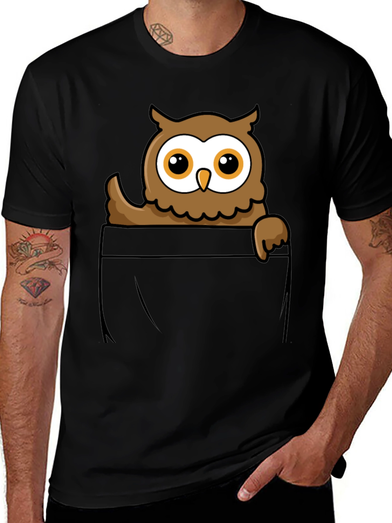 Variant 28 of Owl in Pocket Graphic Tee - Men's Black T-Shirt