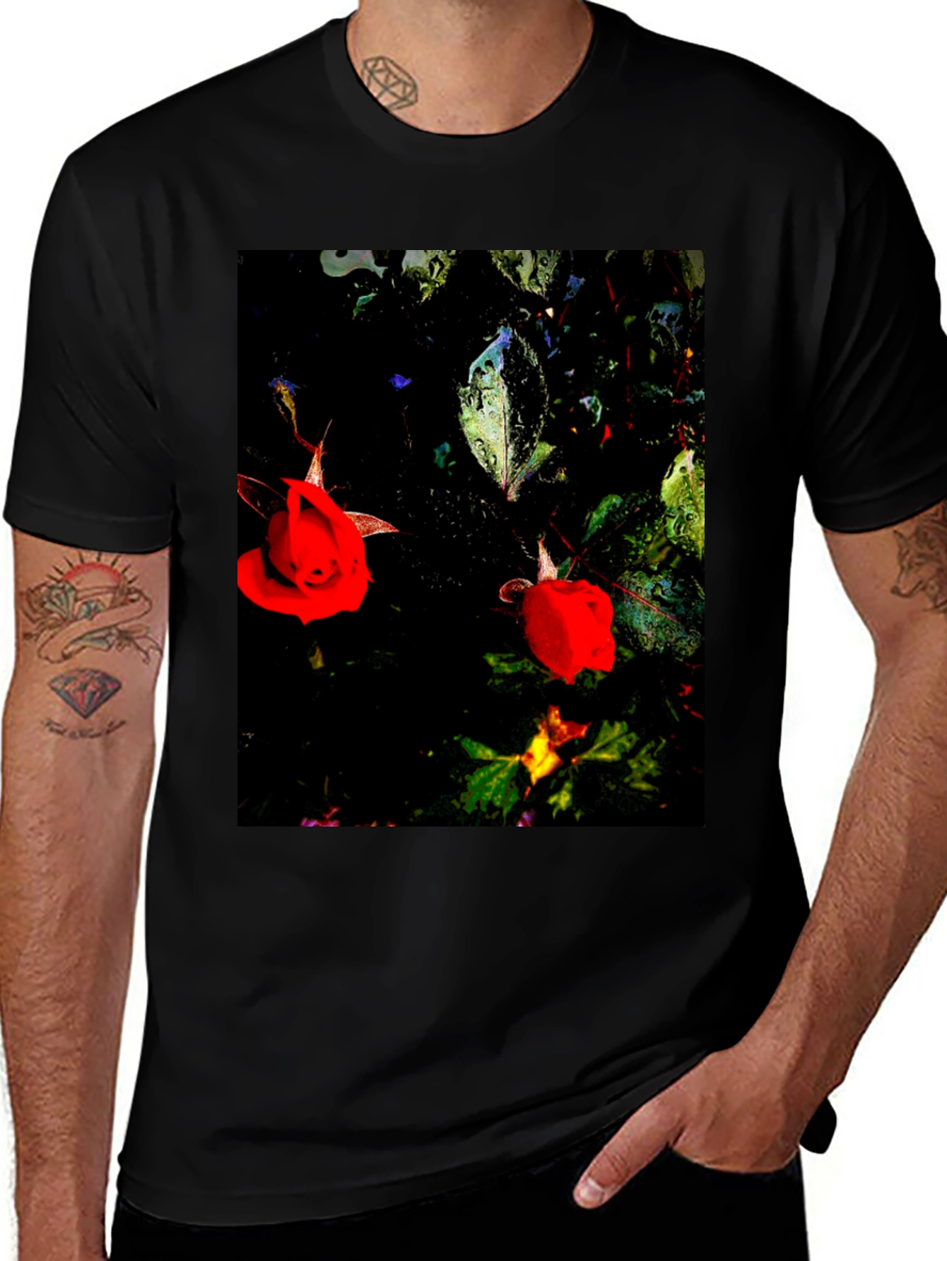 Variant 4 of Floral T-Shirt - Black with Red Roses