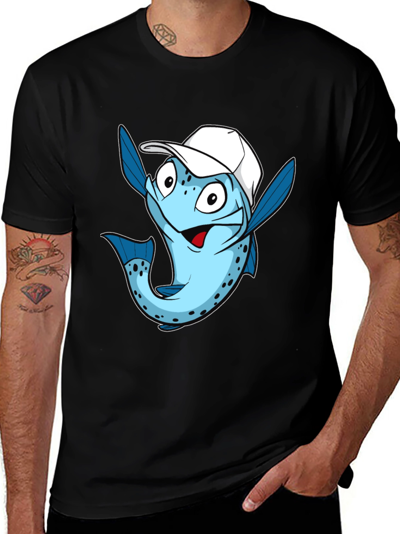 Variant 15 of Funny Fish with Cap Graphic Tee - Black Cotton T-Shirt