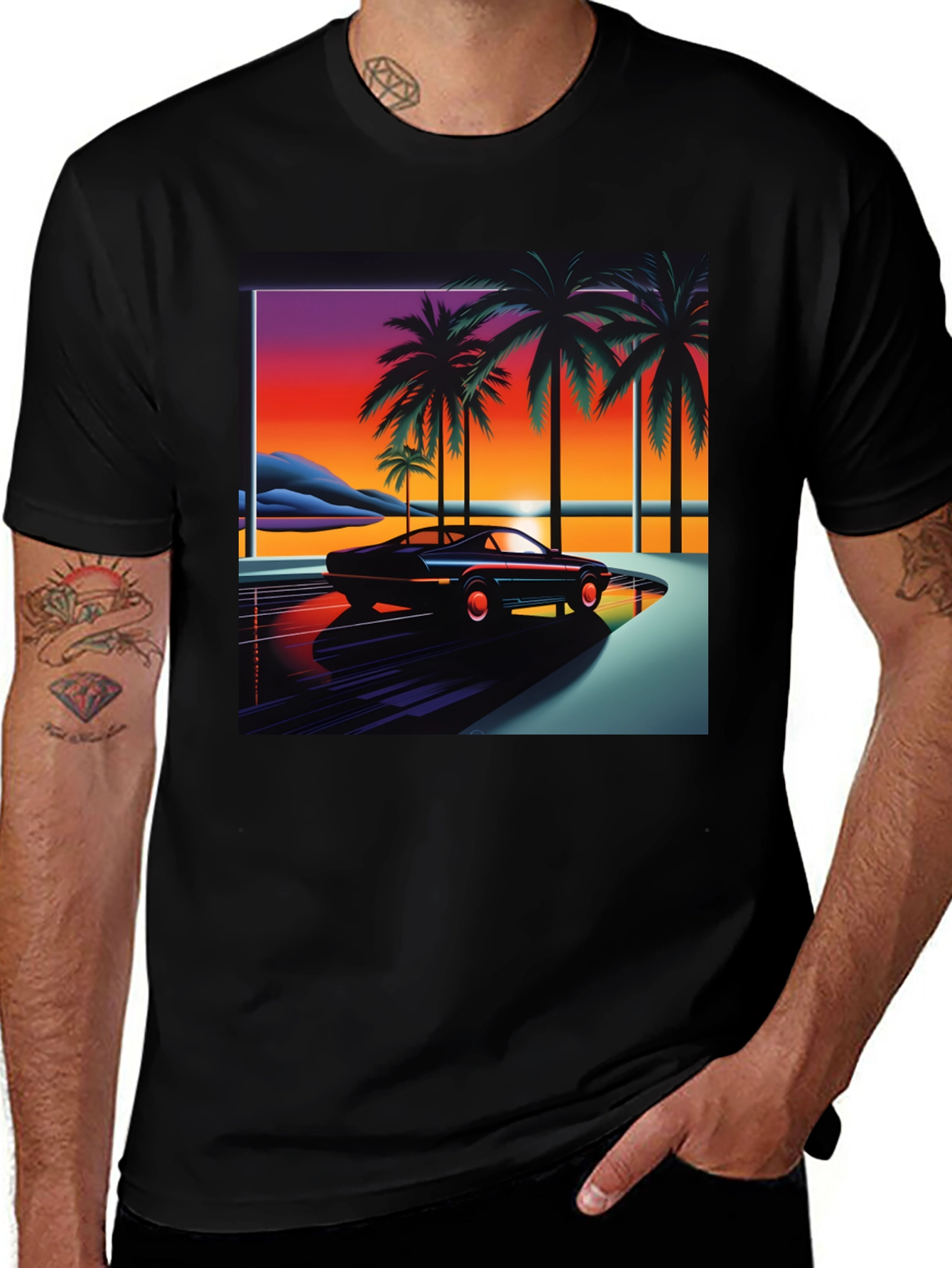 Variant 17 of Retro Wave Palm Tree Car Graphic Tee
