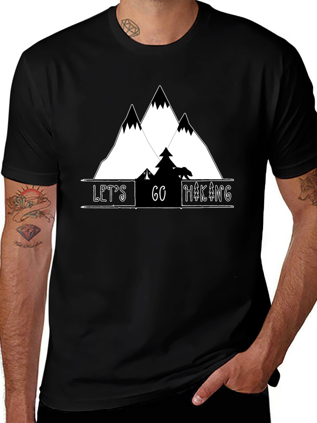 Variant 14 of Let's Go Hiking Black T-Shirt - Mountain Adventure Tee