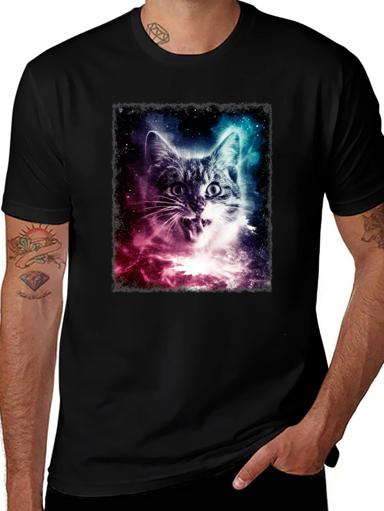 Variant 4 of Galaxy Cat Graphic Tee - Black Cotton Blend