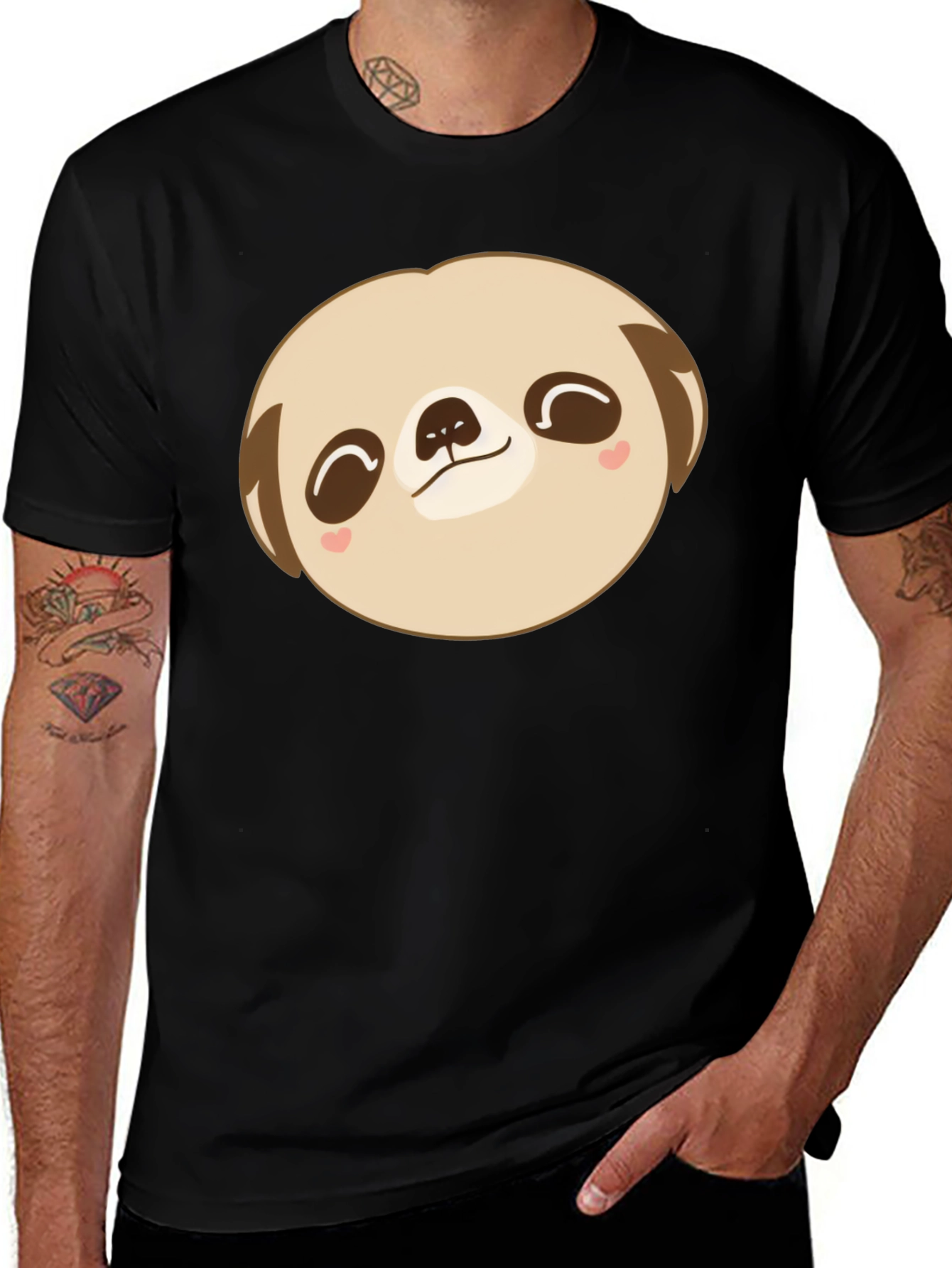 Variant 9 of Cute Sloth Face Graphic Black T-Shirt