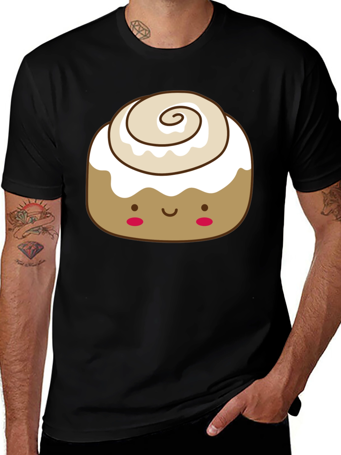 Variant 10 of Cinnamon Roll Kawaii Graphic Tee - Black Cotton T-Shirt