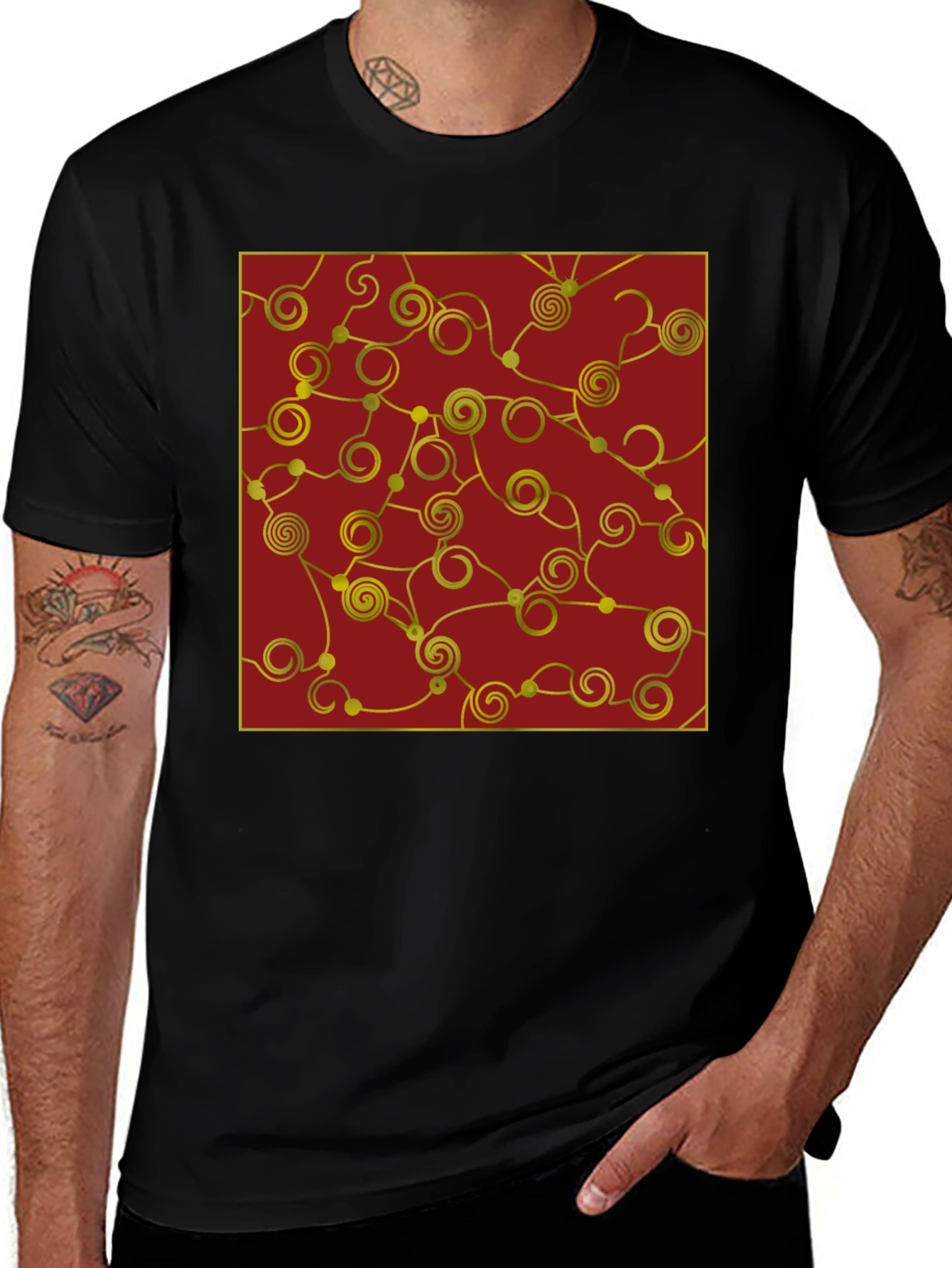 Variant 23 of Stylish Black T-Shirt with Gold Swirl Graphic
