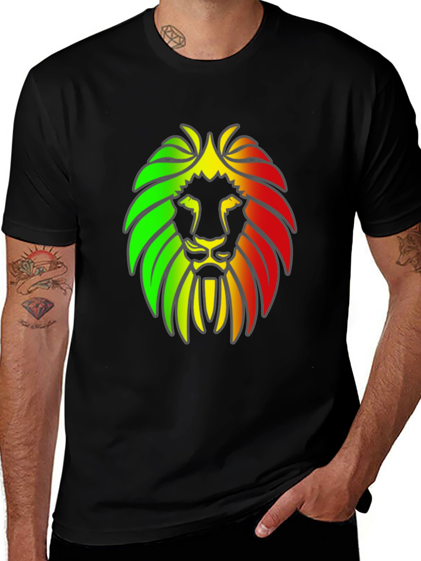 Rasta Lion Head Graphic Print Black T-Shirt