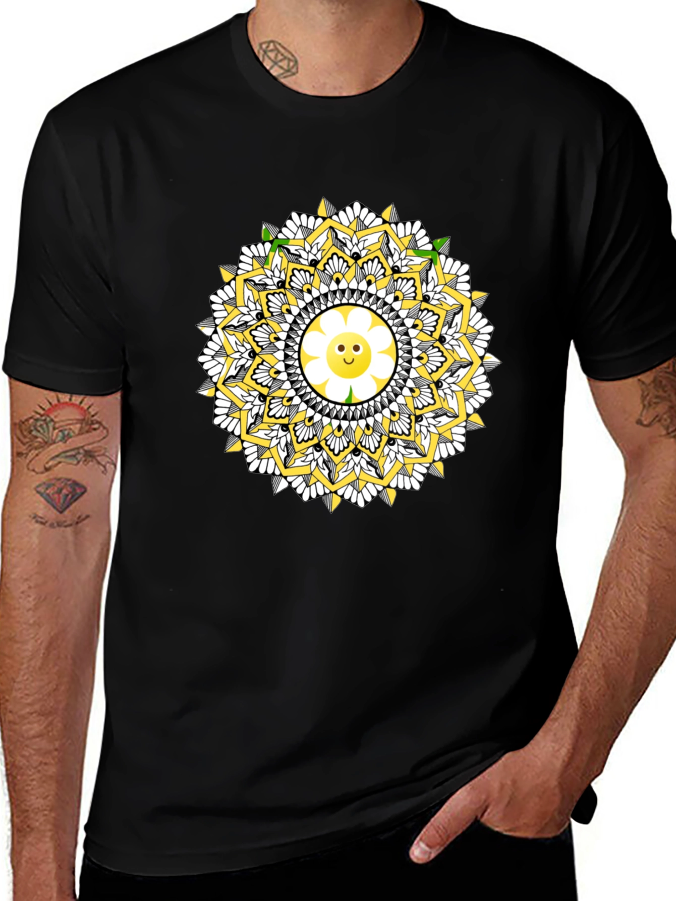 Variant 20 of Smiling Sun Mandala T-Shirt - Black Cotton Tee